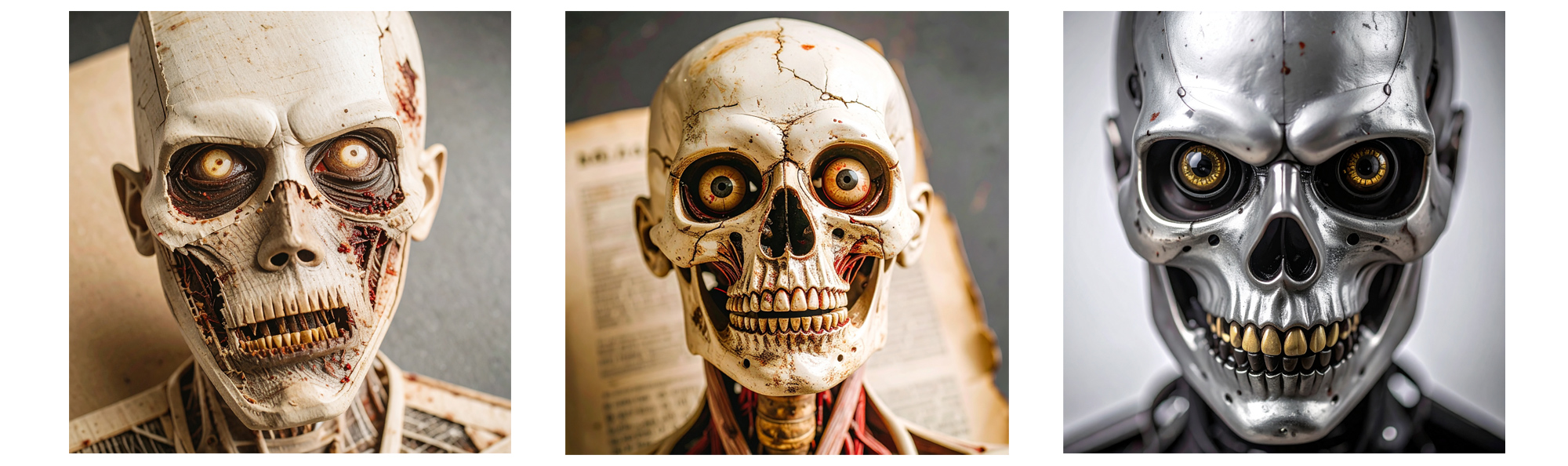 Three generated skull studies ranging from an anatomical skeleton model to a metallic robot skull.
