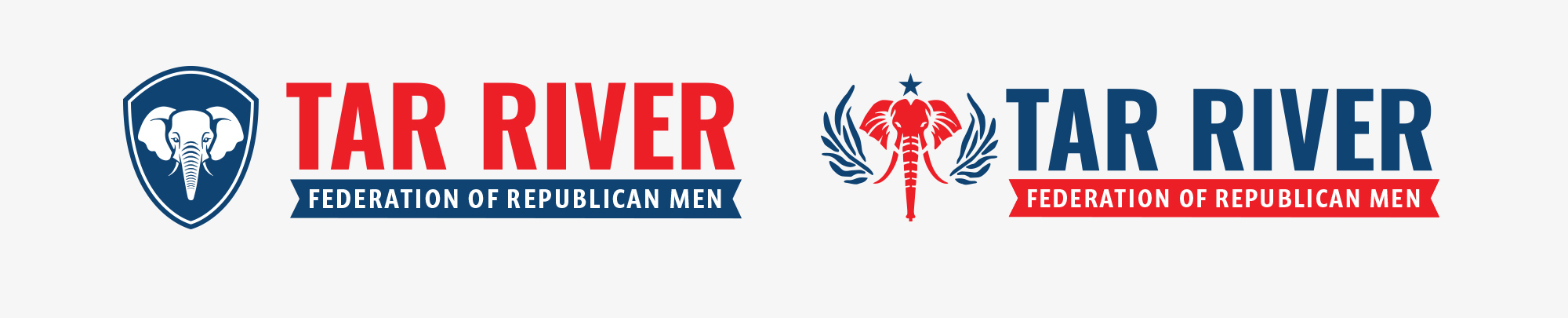 Side-by-side political logo variations showing an elephant shield icon and a winged elephant emblem.