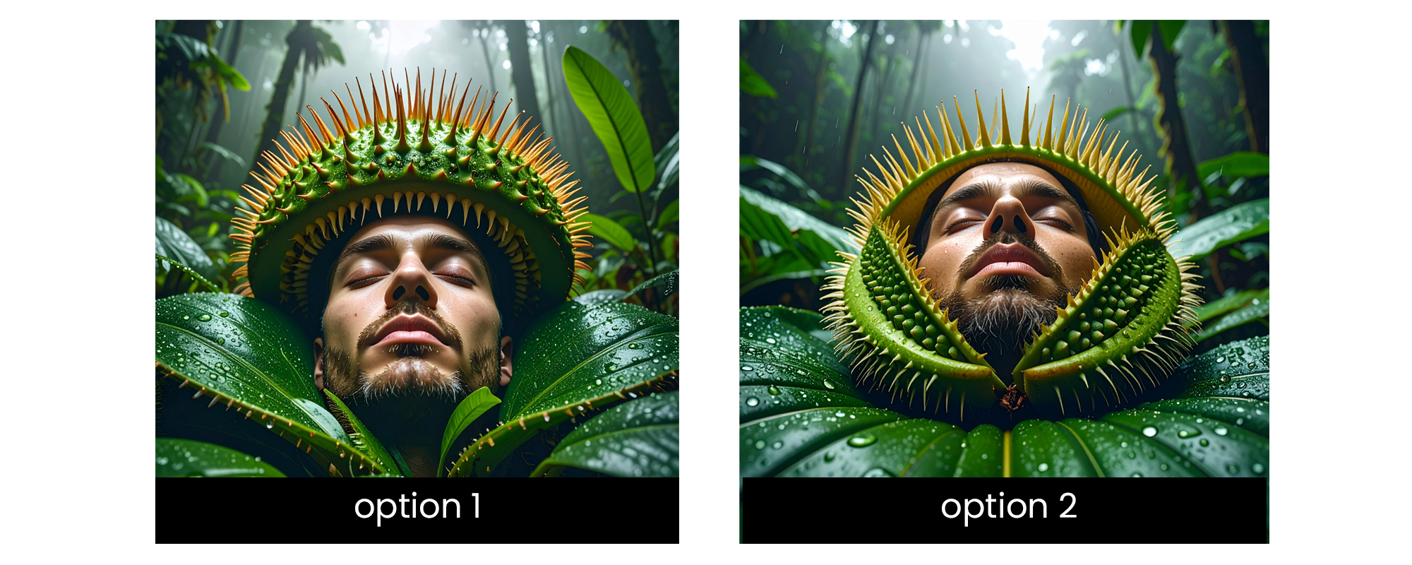 Side-by-side concept options showing a man sleeping inside a Venus flytrap in a lush jungle setting.