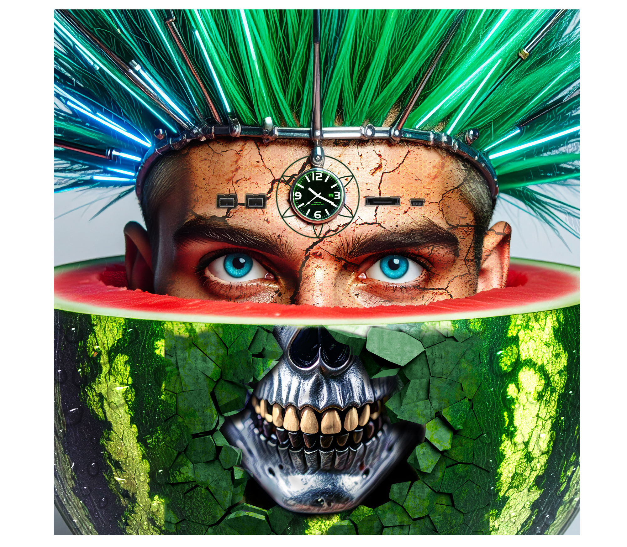 Composite artwork featuring a blue-eyed cyborg with forehead ports and a metallic skull breaking through a watermelon shell.