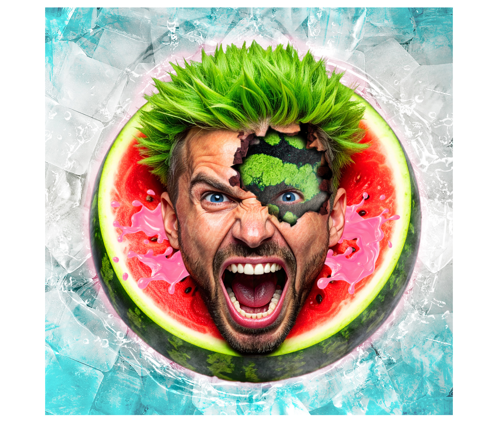 Final stylized character art featuring the shouting watermelon man with a cracked forehead effect against frozen ice blocks.