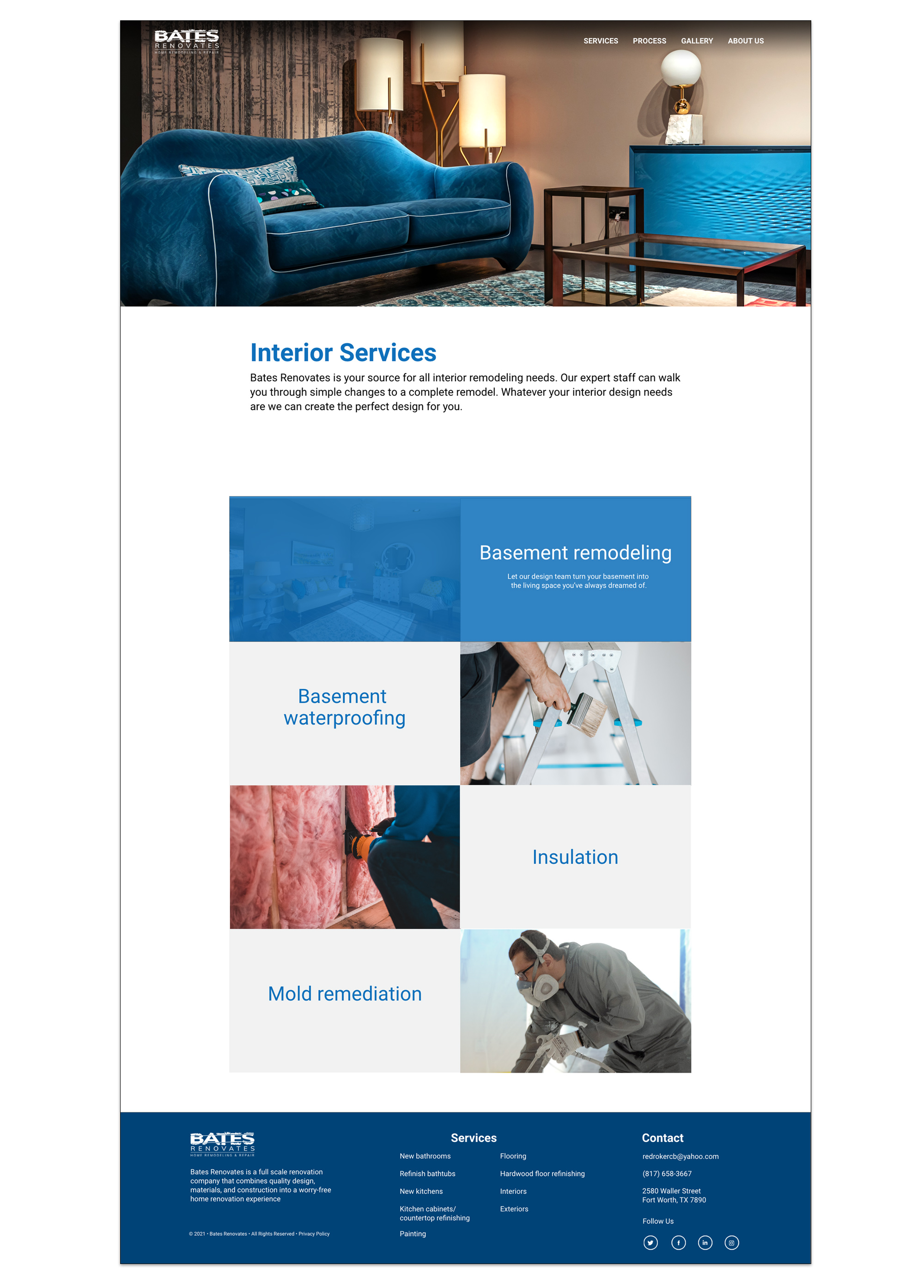 Web page layout highlighting interior service offerings including basement remodeling, waterproofing, insulation, and mold remediation for Bates Renovates. 