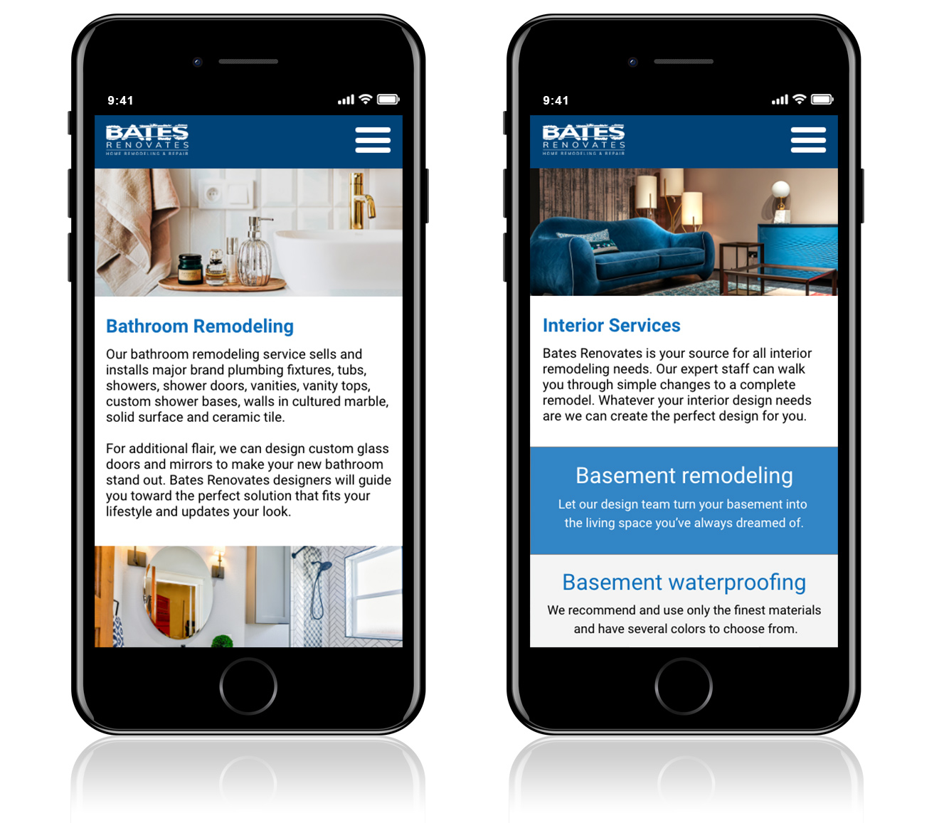 Mobile interface layout displaying bathroom remodeling and interior services, part of a contractor brand identity and web design case study for Bates Renovates. 