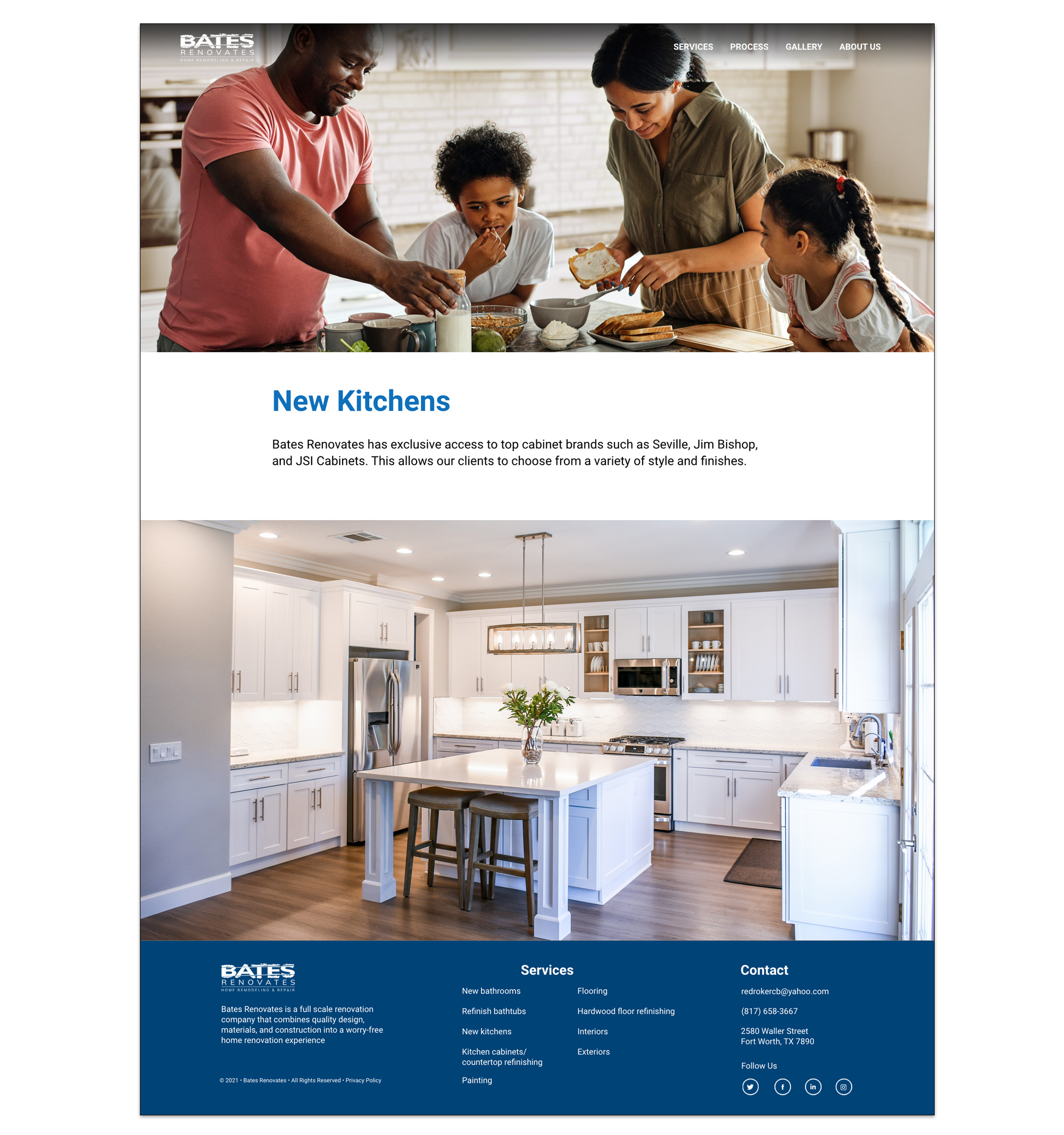 Desktop website page showing a family in a remodeled kitchen alongside cabinet brand partnerships for the Bates Renovates web design case study. 