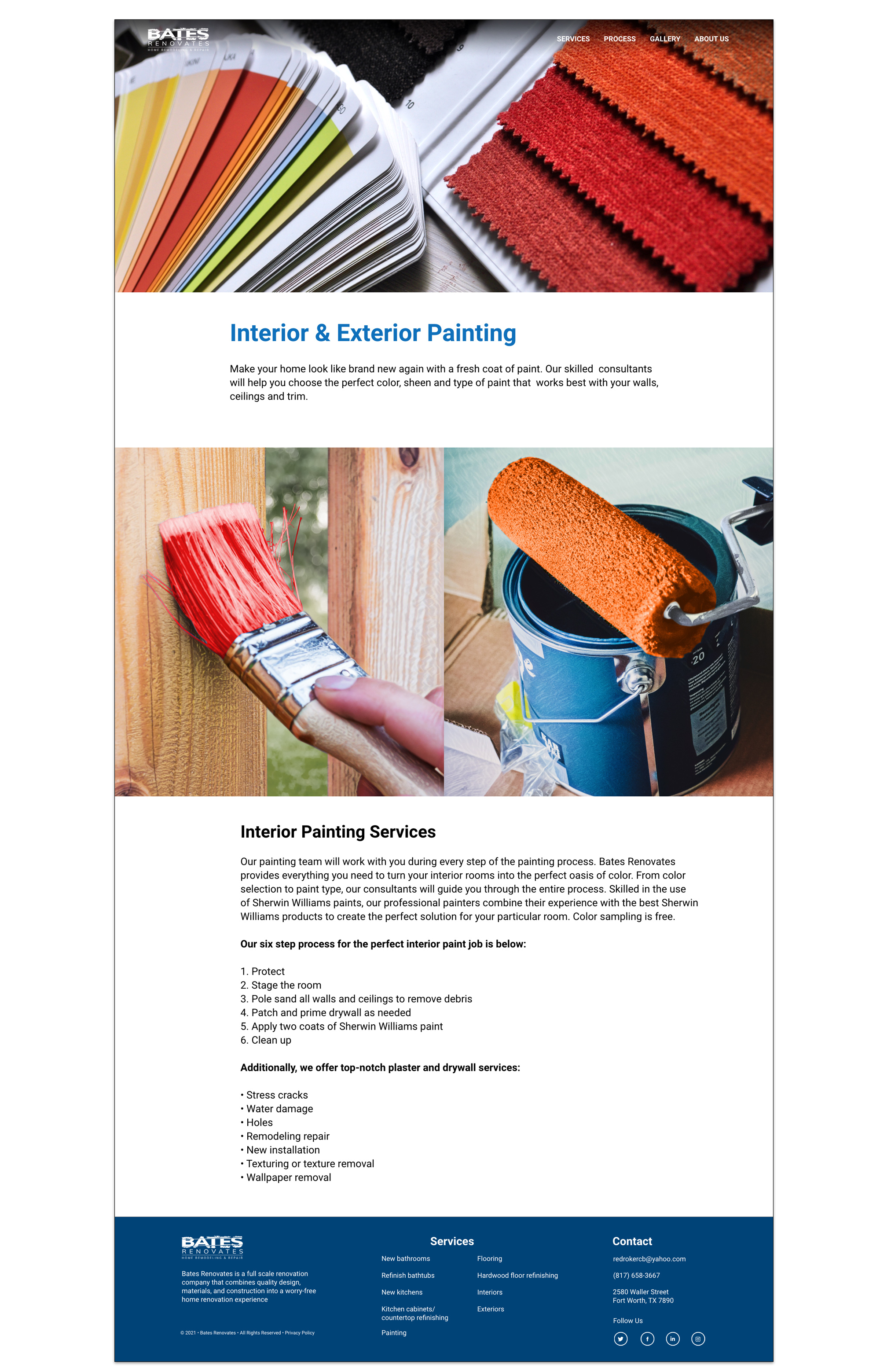 Web page layout detailing interior and exterior painting services and process steps as multi-channel local service marketing assets for Bates Renovates. 