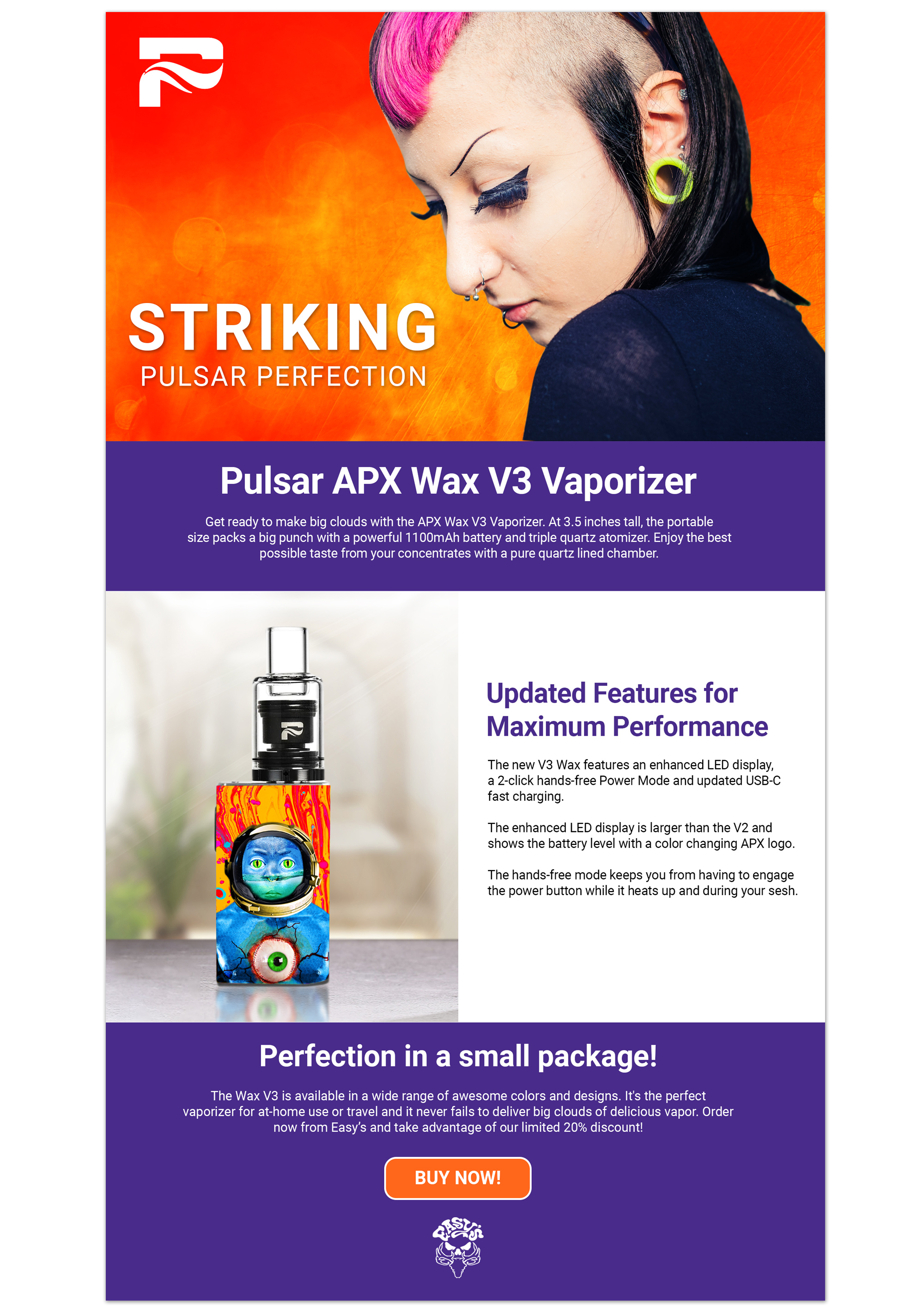 Promotional product page layout showing omnichannel retail landing page UX optimization for the Pulsar APX Wax V3 vaporizer.