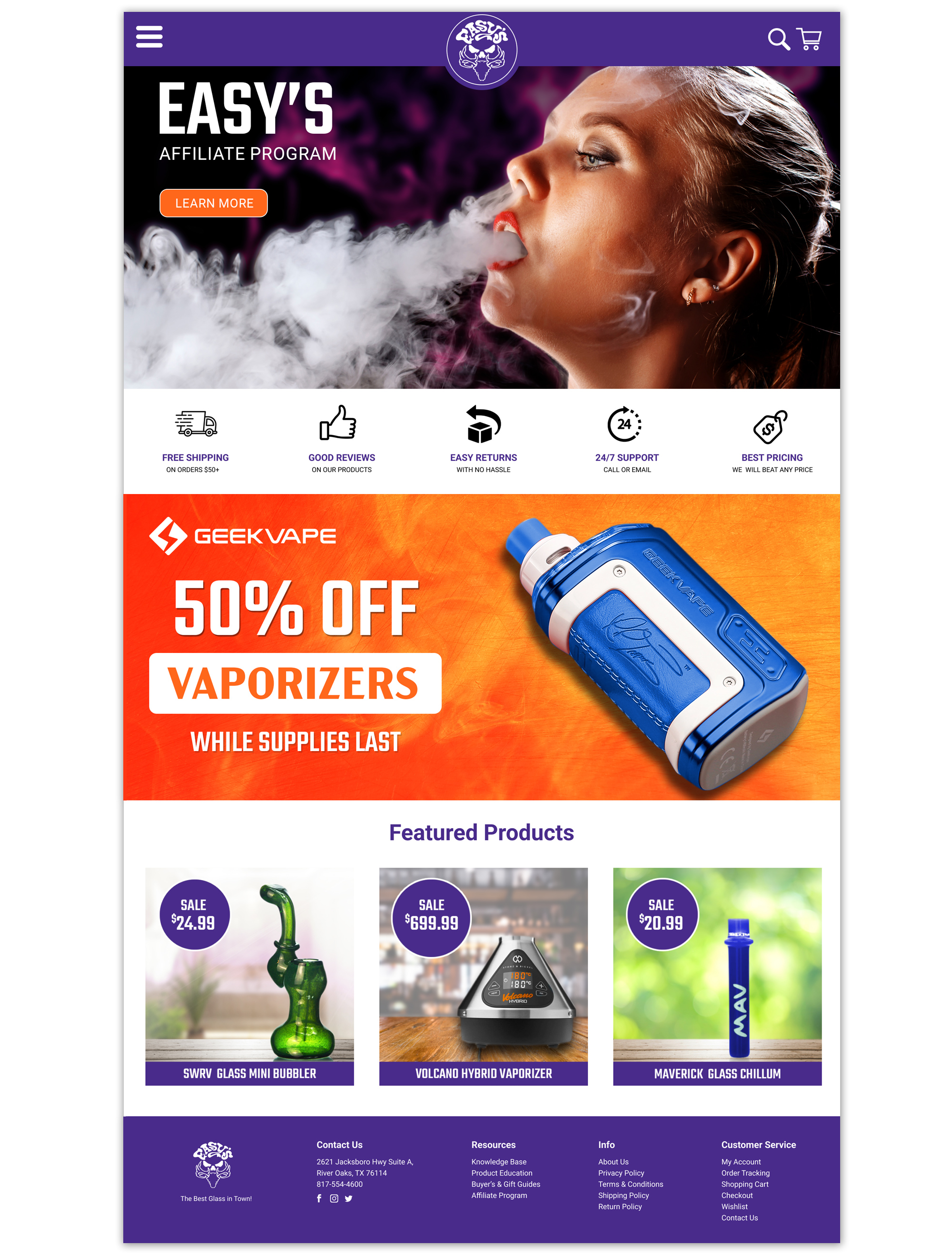 Full homepage layout featured in a smoke shop digital marketing and branding case study, highlighting vape promotional banners and featured glass pipes.