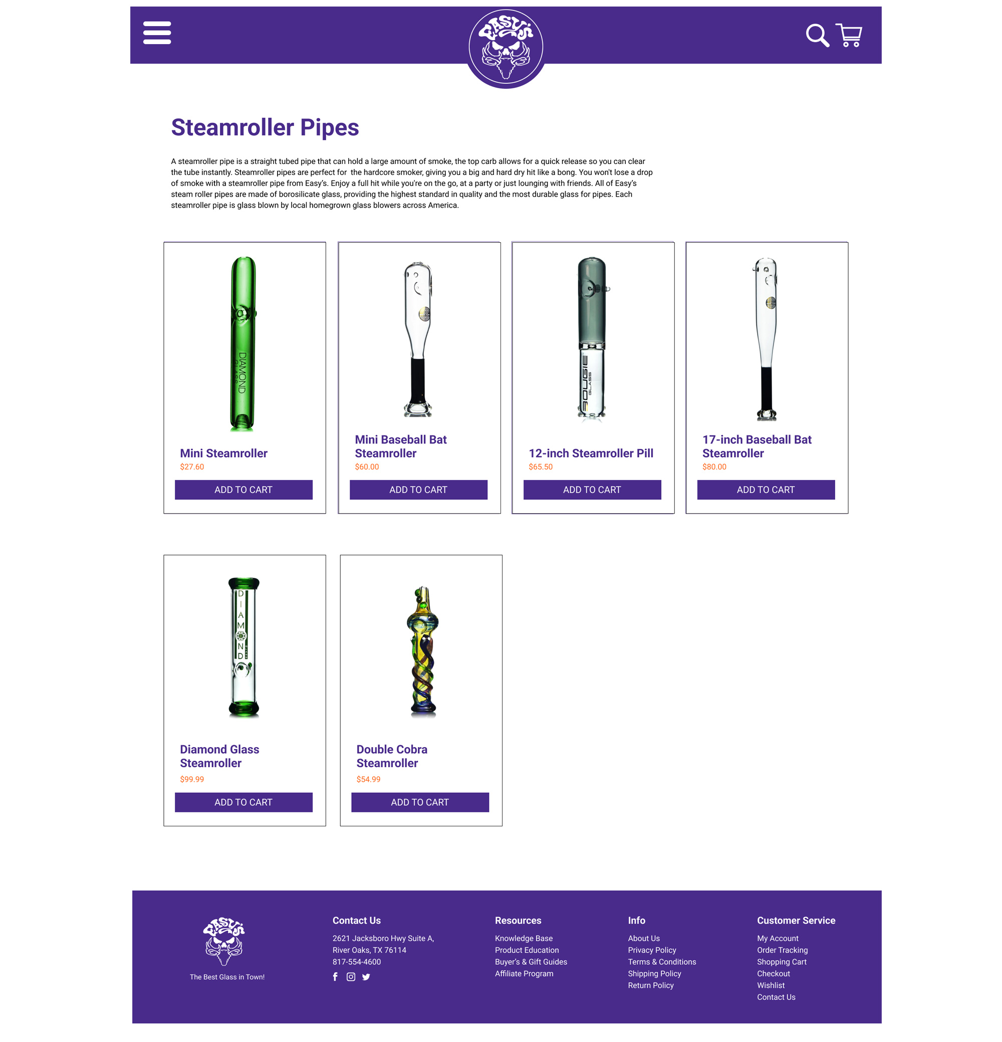 Desktop product grid display featured in a smoke shop digital marketing and branding case study showing glass steamroller pipes and e-commerce layout options.