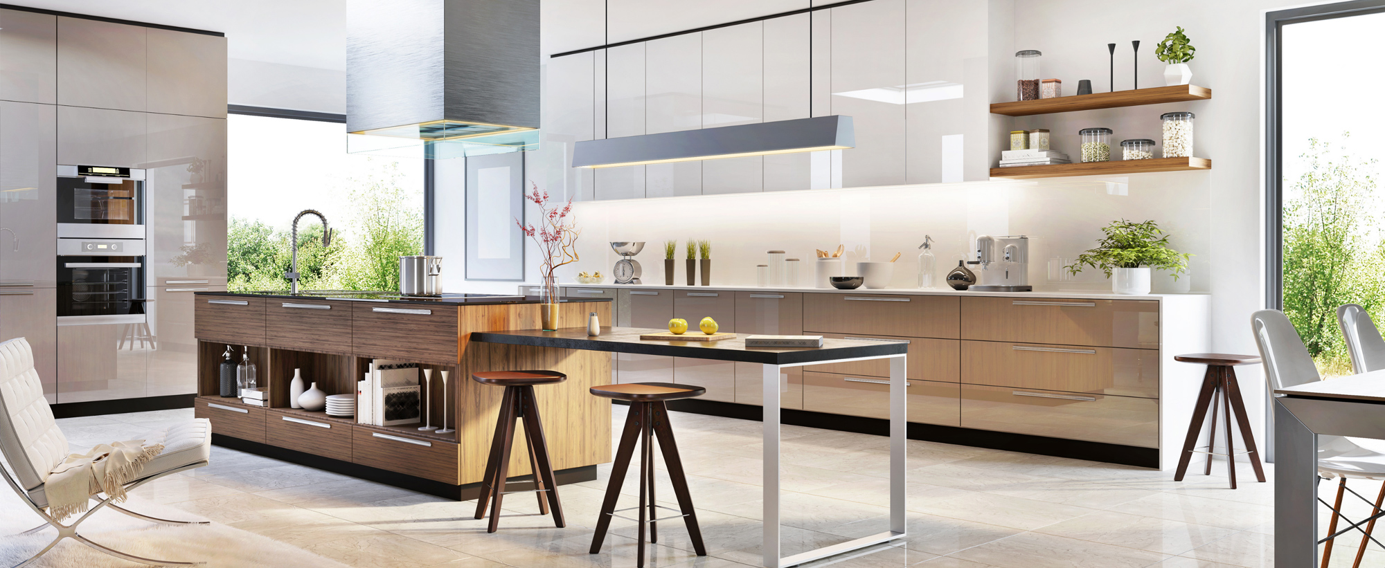 Wide website banner photo displaying a contemporary kitchen remodel with modern cabinetry and island seating.