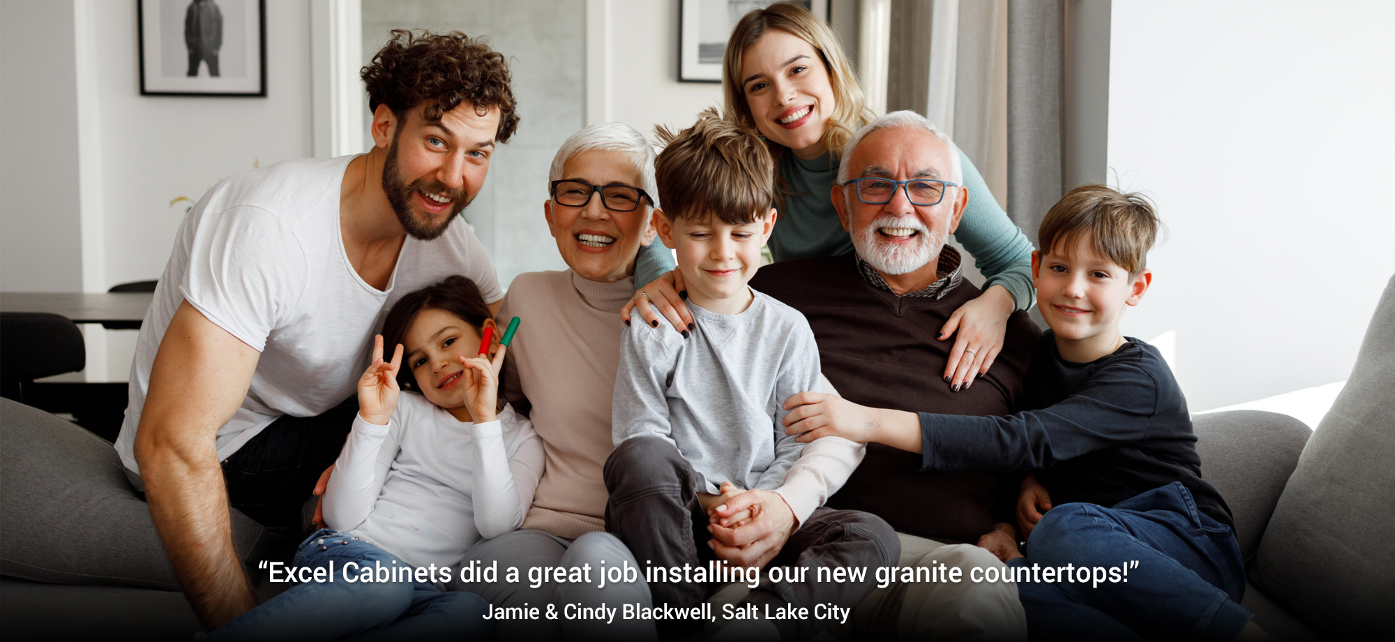 Website testimonial banner displaying a happy family with a review for countertop installation services.
