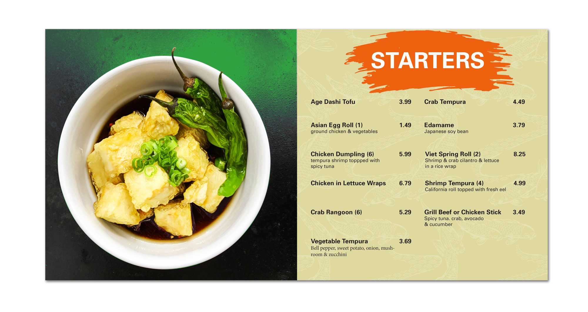 Multi-cuisine restaurant visual menu spread showing food photography and appetizers conversion layout. 