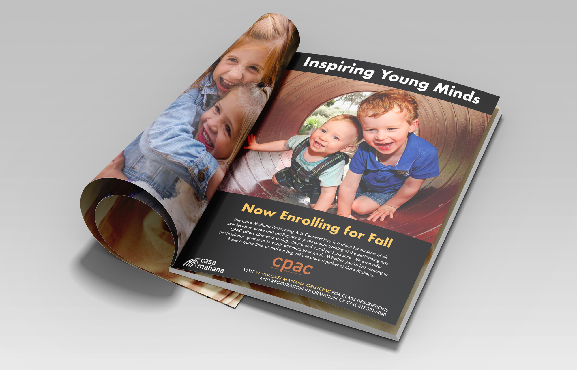 Open magazine spread displaying a fall enrollment ad as part of a community advocacy multi-channel marketing collateral campaign for Casa Mañana. 
