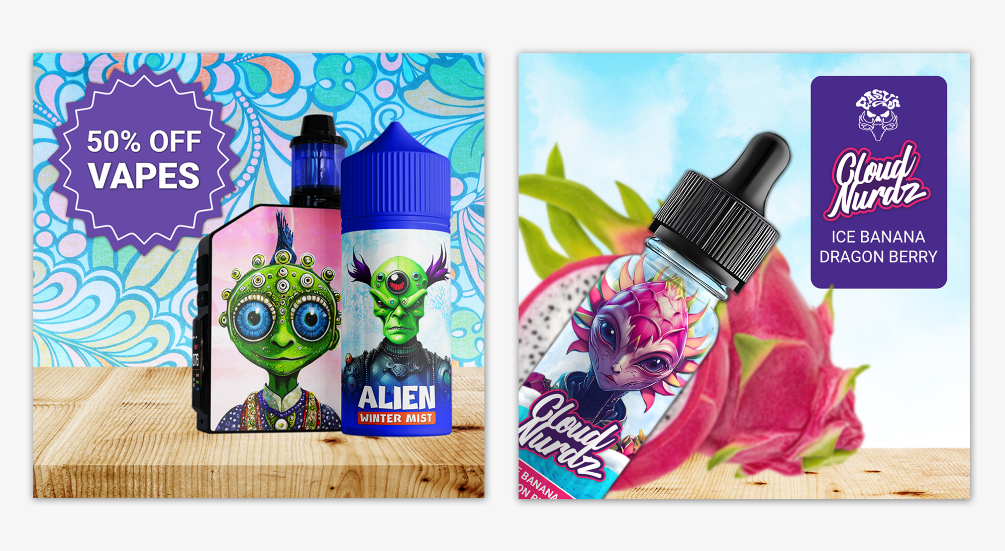 Pair of vibrant promotional ad graphics featuring AI-generated character art for vape product labels and window decals.