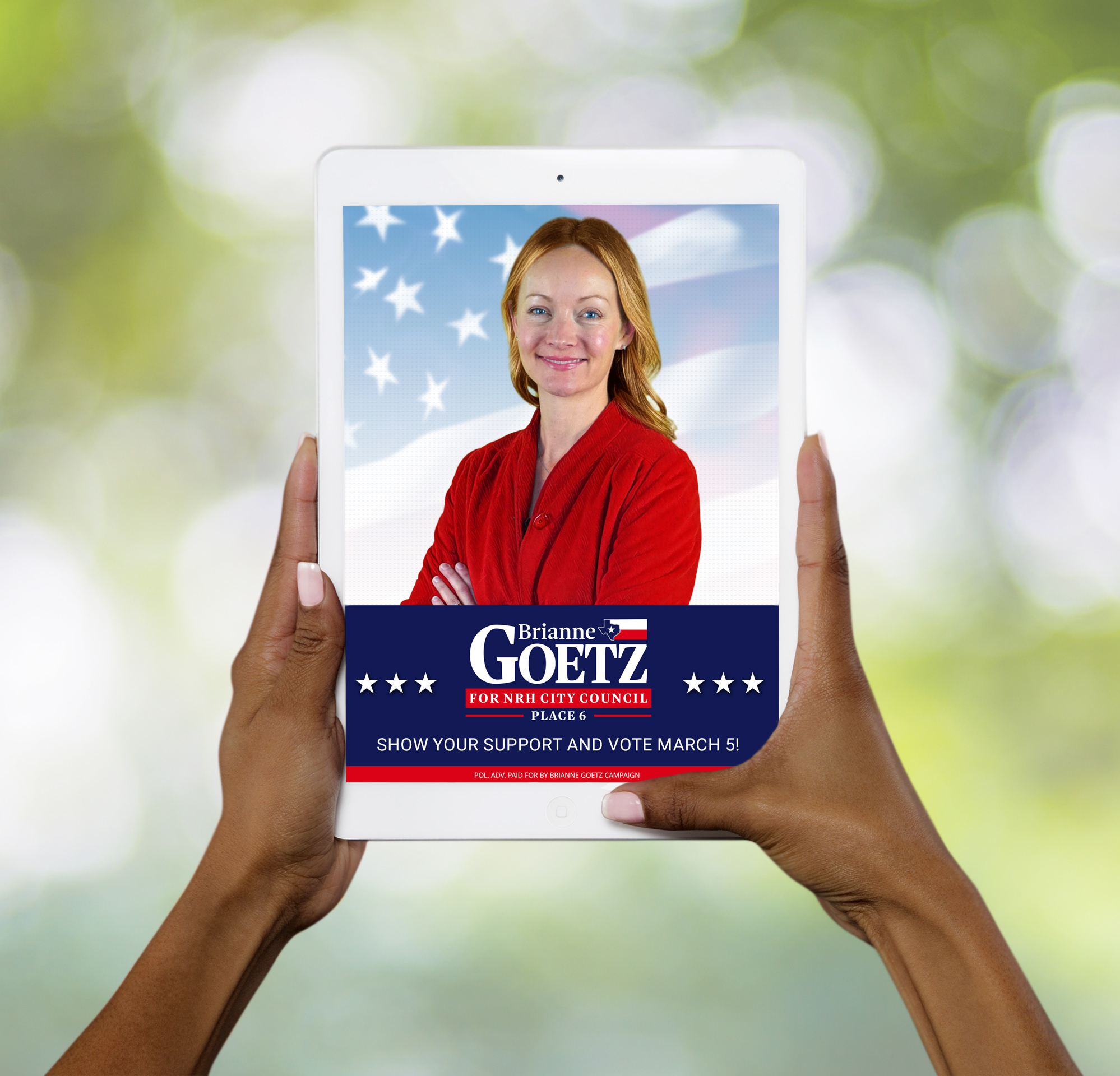 Hands holding a white tablet displaying a digital campaign graphic for a North Richland Hills City Council candidate.