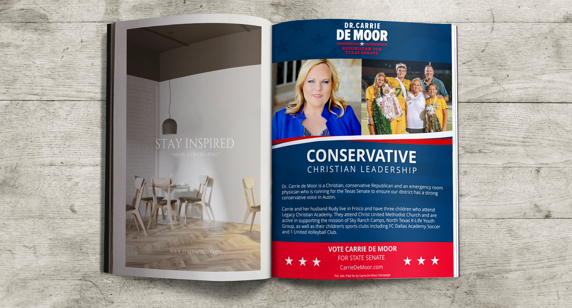 Open magazine showing a full-page campaign advertisement for a Texas Senate candidate as part of a voter engagement study.