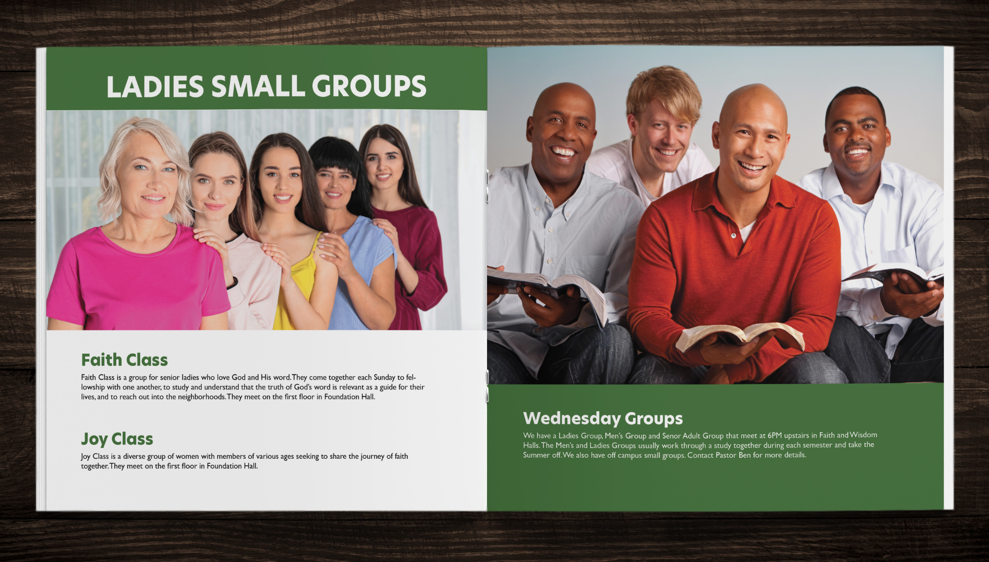 Booklet spread showcasing ladies small groups and Wednesday gathering schedules with clear section headers. 