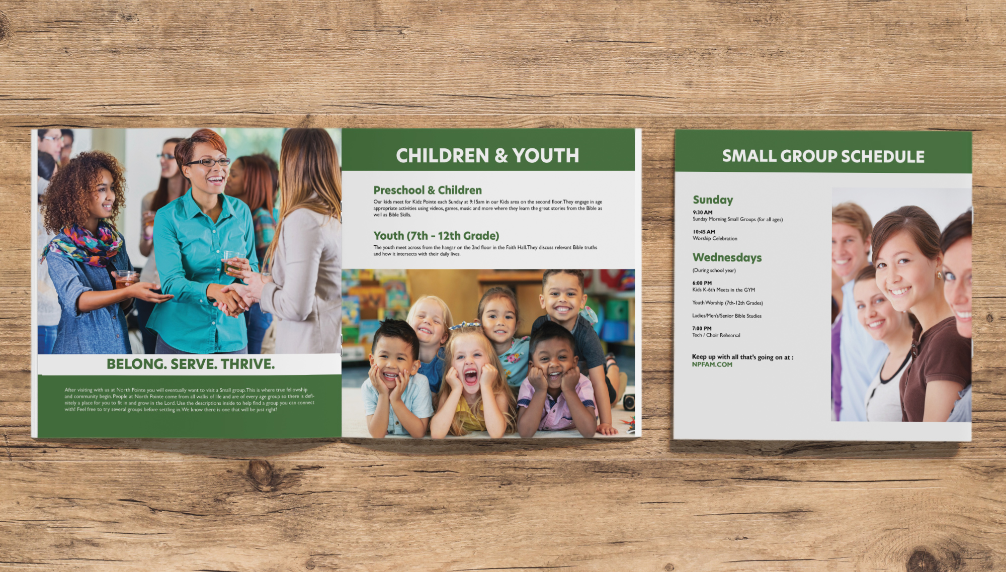 Open multi-page brochure spread detailing children's youth programs and weekly small group meeting schedules. 