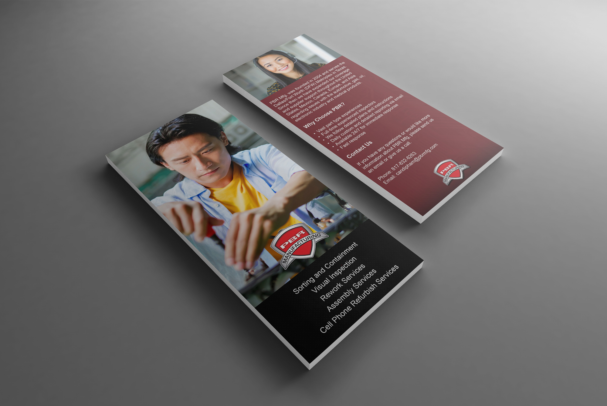 Front and back view of a B2B manufacturing rack card layout demonstrating clear print marketing visual hierarchy for PBR Manufacturing.