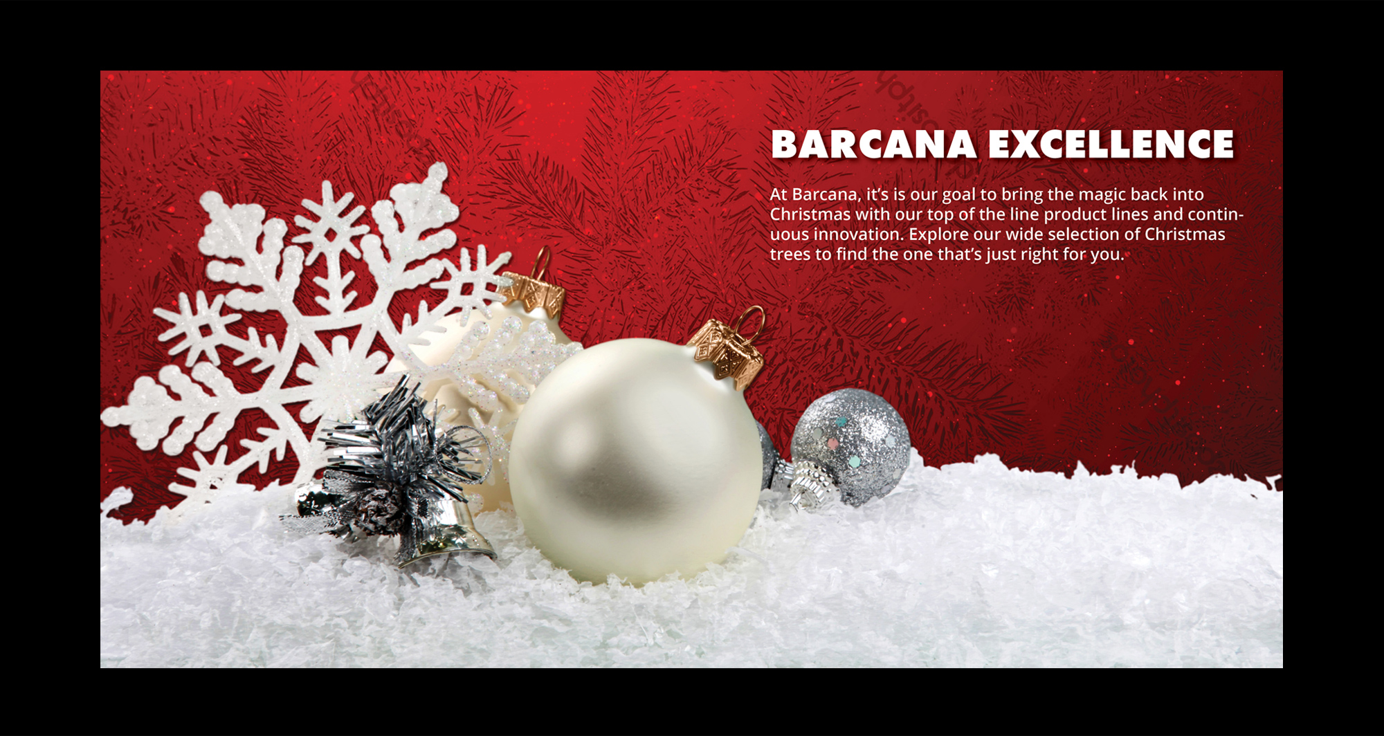 Red holiday brand introduction page layout demonstrating high-volume B2B sales collateral design for Barcana Christmas trees.