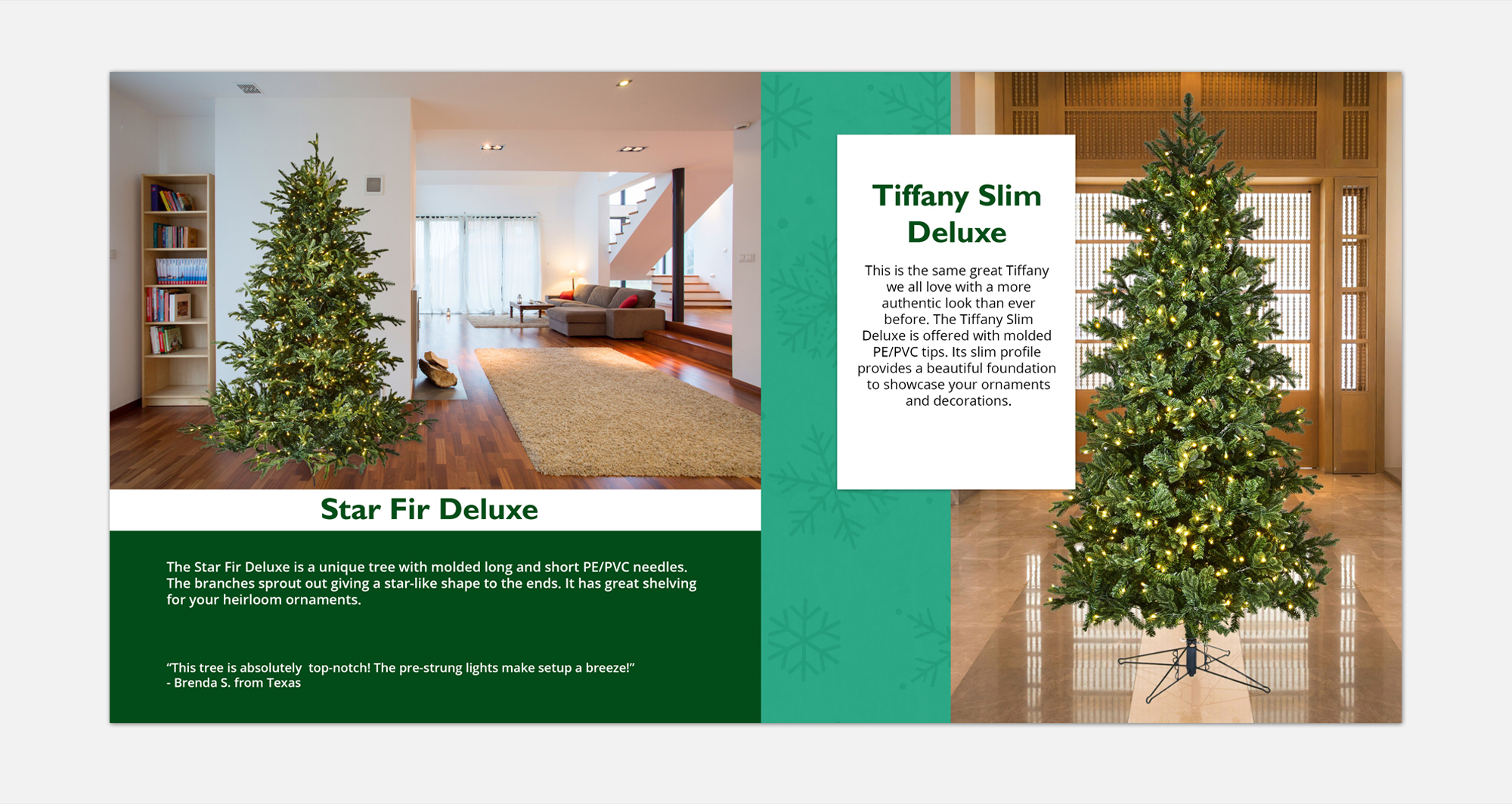Interior catalog spread displaying artificial tree models with clean typography, product specifications, and customer reviews. 