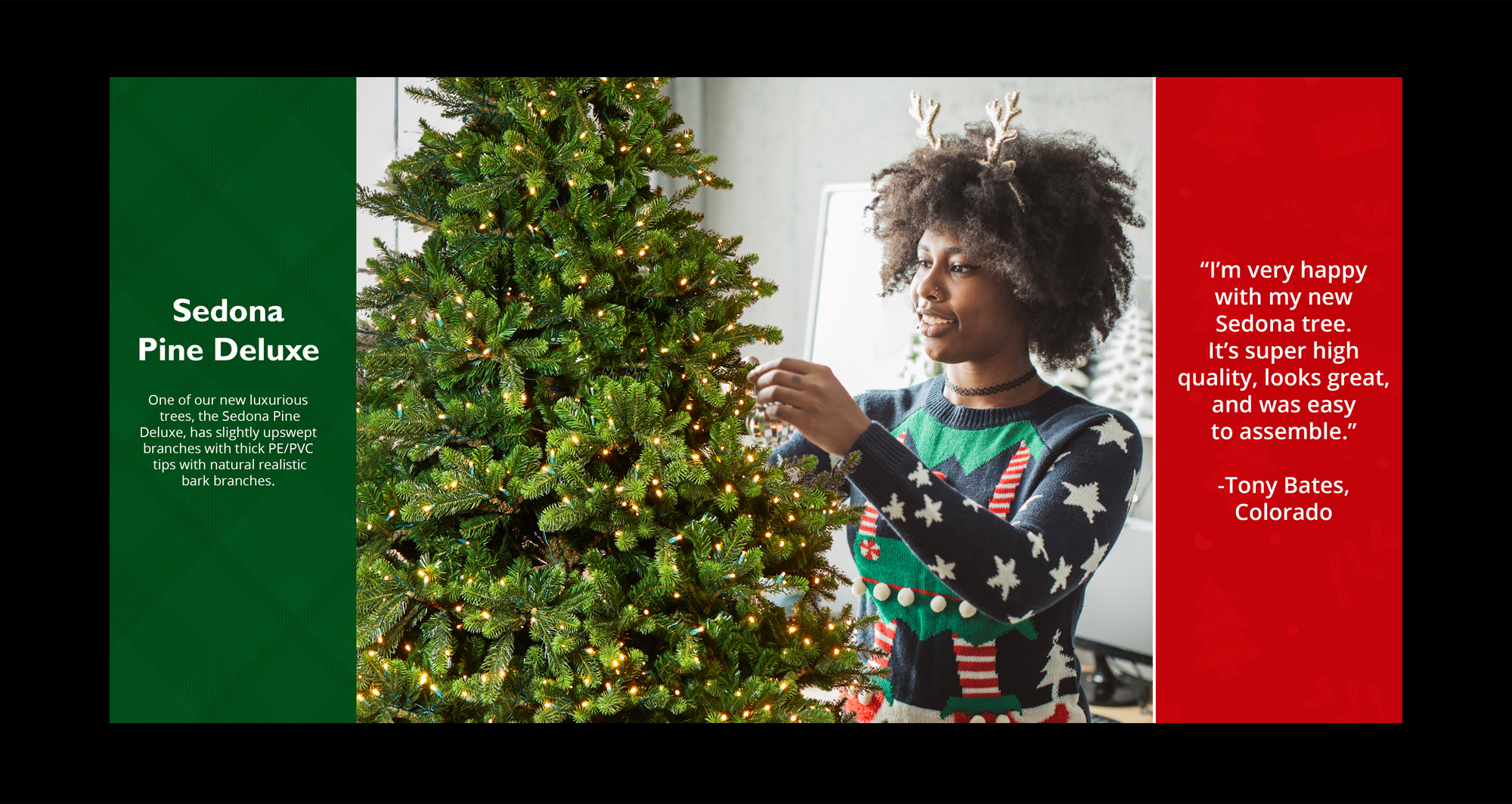 Catalog page design for the Sedona Pine Deluxe featuring a customer testimonial pull-quote alongside a woman decorating a lighted artificial Christmas tree. 