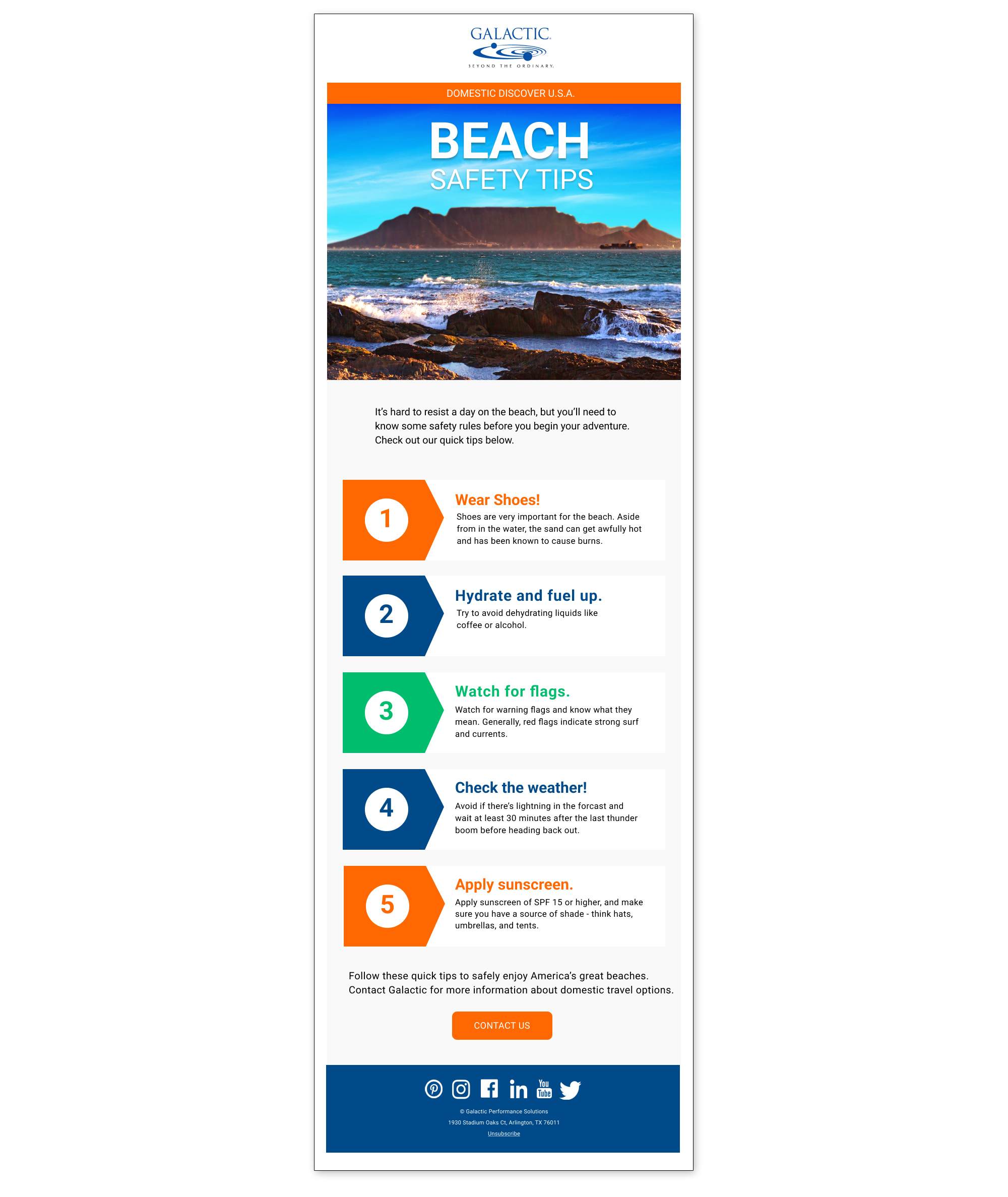 Mobile-responsive HTML email newsletter design for Galactic Performance Solutions featuring a numbered list of beach safety tips and social media footer icons.