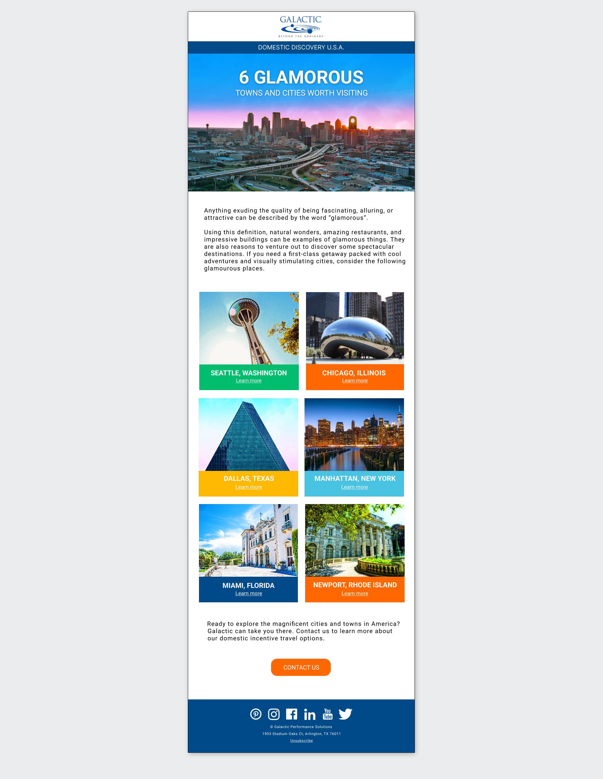 Multi-column HTML promotional email layout displaying destination cards for US cities with individual call-to-action links.