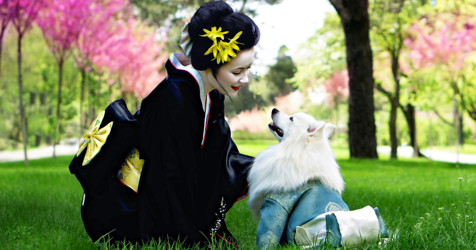 Geisha in traditional black kimono kneeling in a park and smiling at a white dog wearing a matching outfit for a corporate brand ident video production.