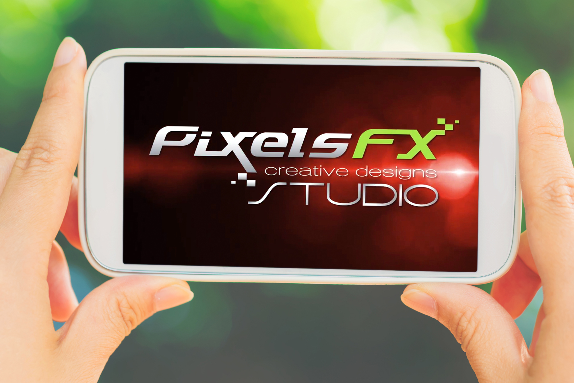 Hands holding a smartphone displaying the animated PixelsFX Creative Designs Studio logo reveal for a motion graphics portfolio asset.