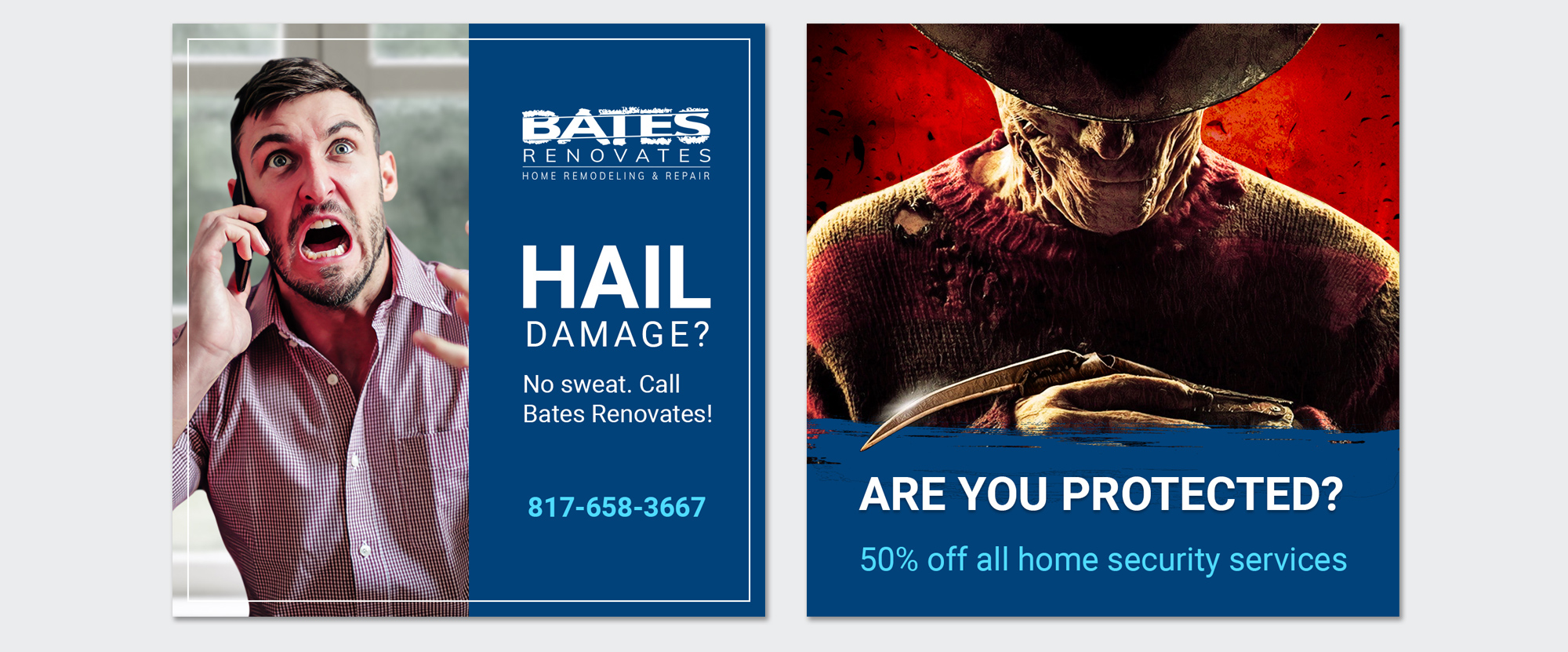 Side-by-side promotional graphics for home remodeling hail repair and a Halloween home security campaign.