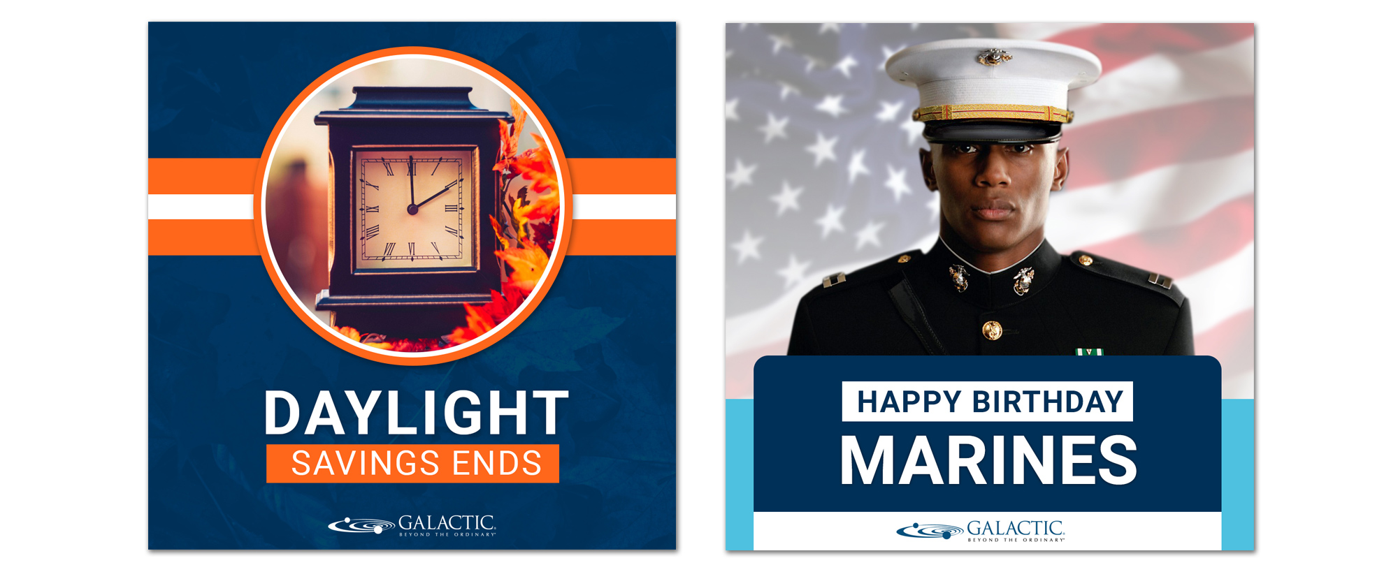 Two social posts featuring a Daylight Saving Time clock prompt and a Happy Birthday Marines tribute.