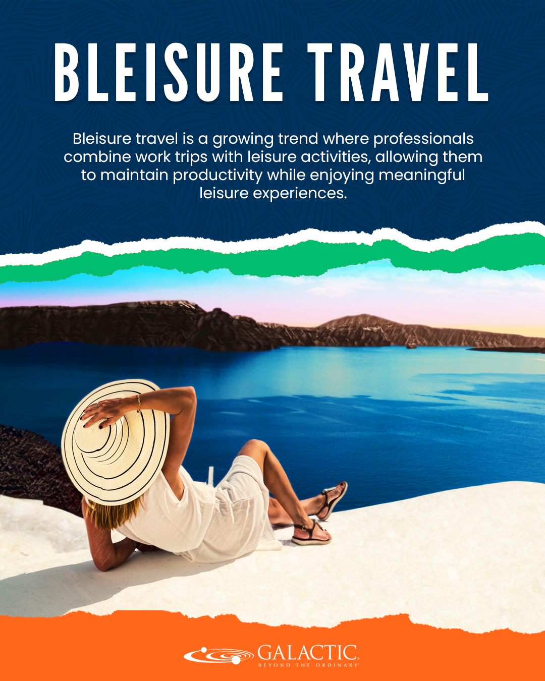 Bleisure travel campaign slide explaining work-leisure balance over a coastal Mediterranean view.