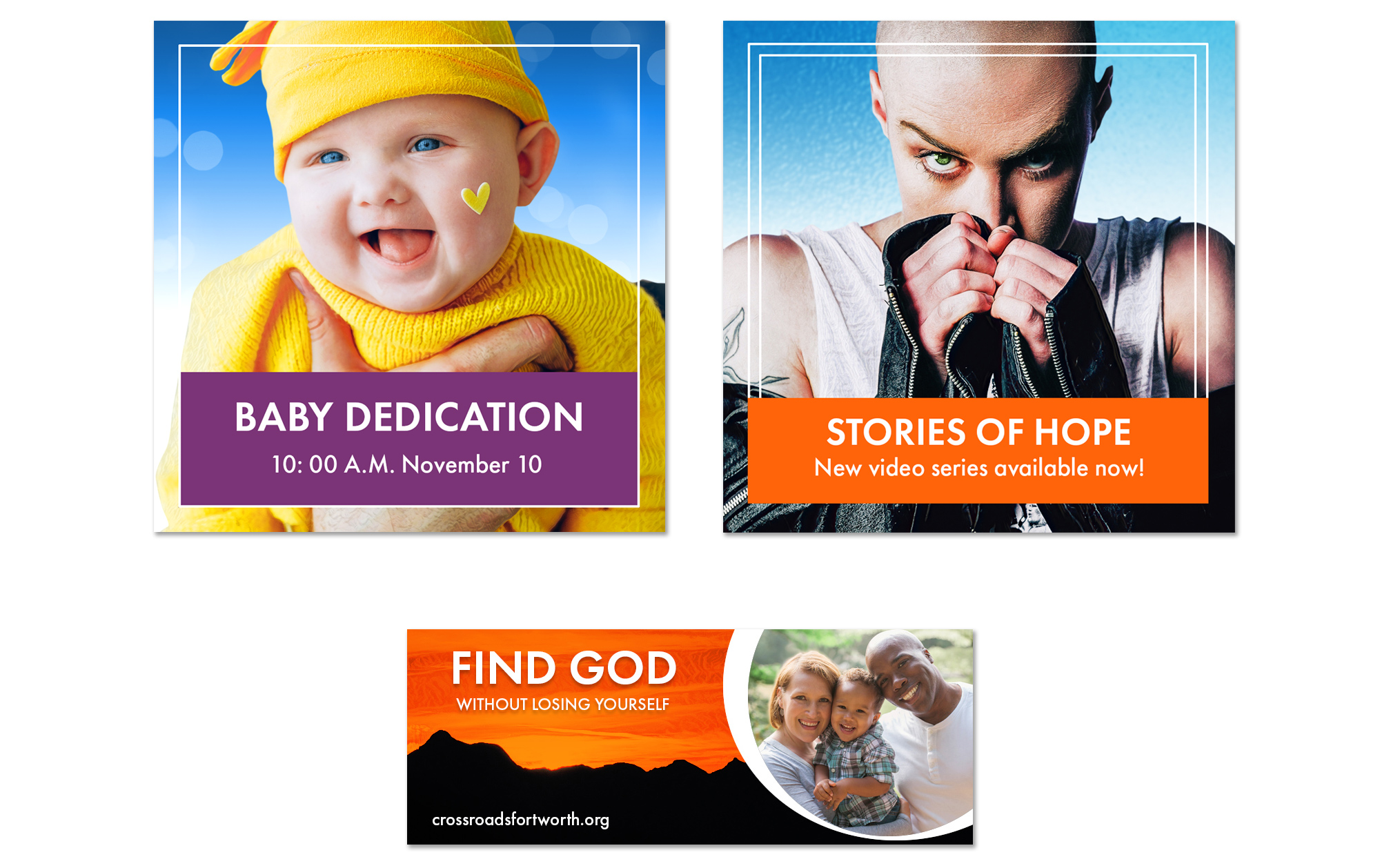 Set of three social media banners and posts promoting church events, video series, and community outreach. 