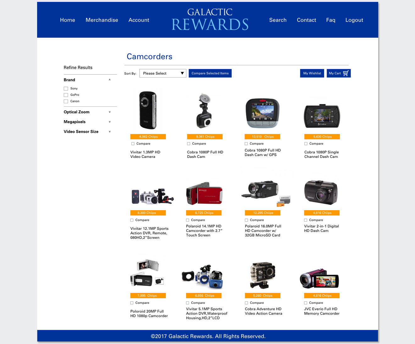 Ecommerce product catalog grid showcasing various action cams, dash cams, and camcorders with reward point values.