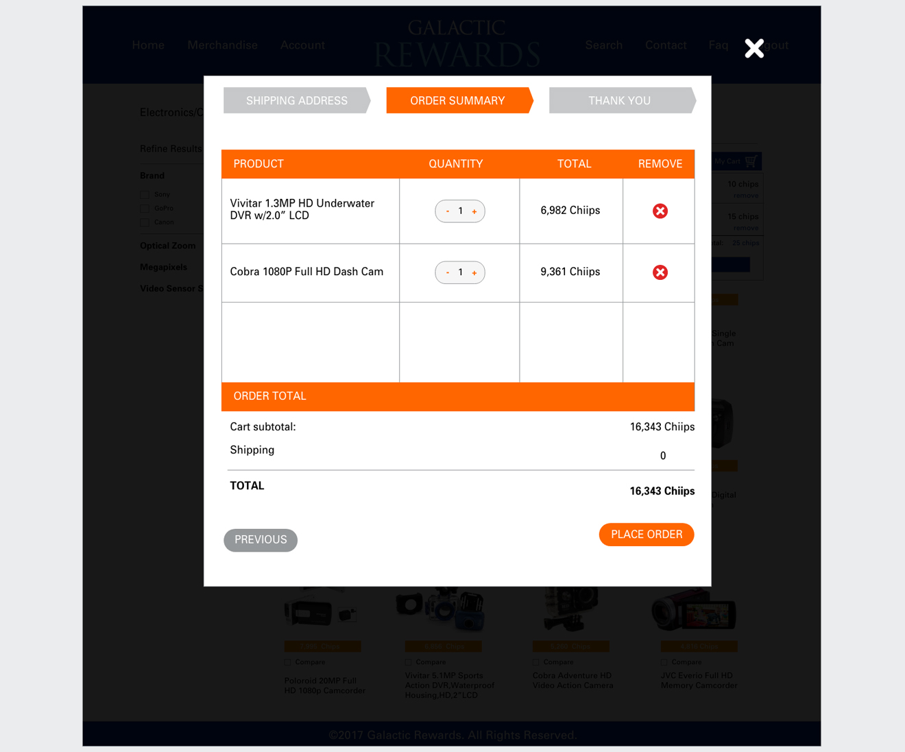 Pop-up UI modal showing order summary with itemized product quantities, total point costs, and a place order call-to-action button.