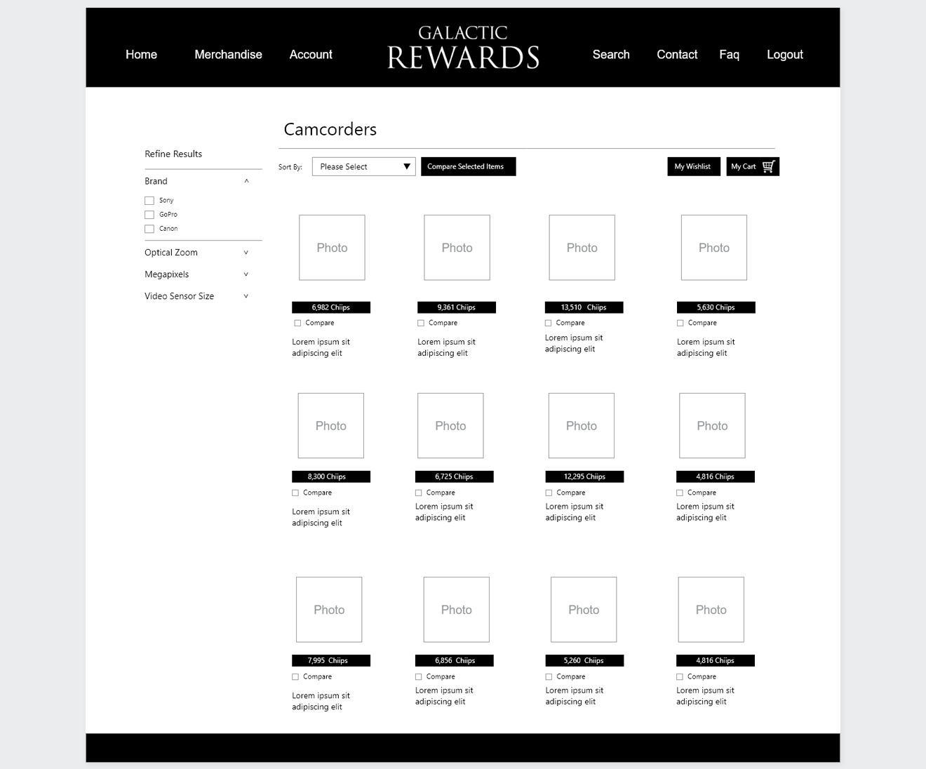 Black and white ecommerce wireframe layout displaying a product listing grid for camcorders with point values and filter controls.