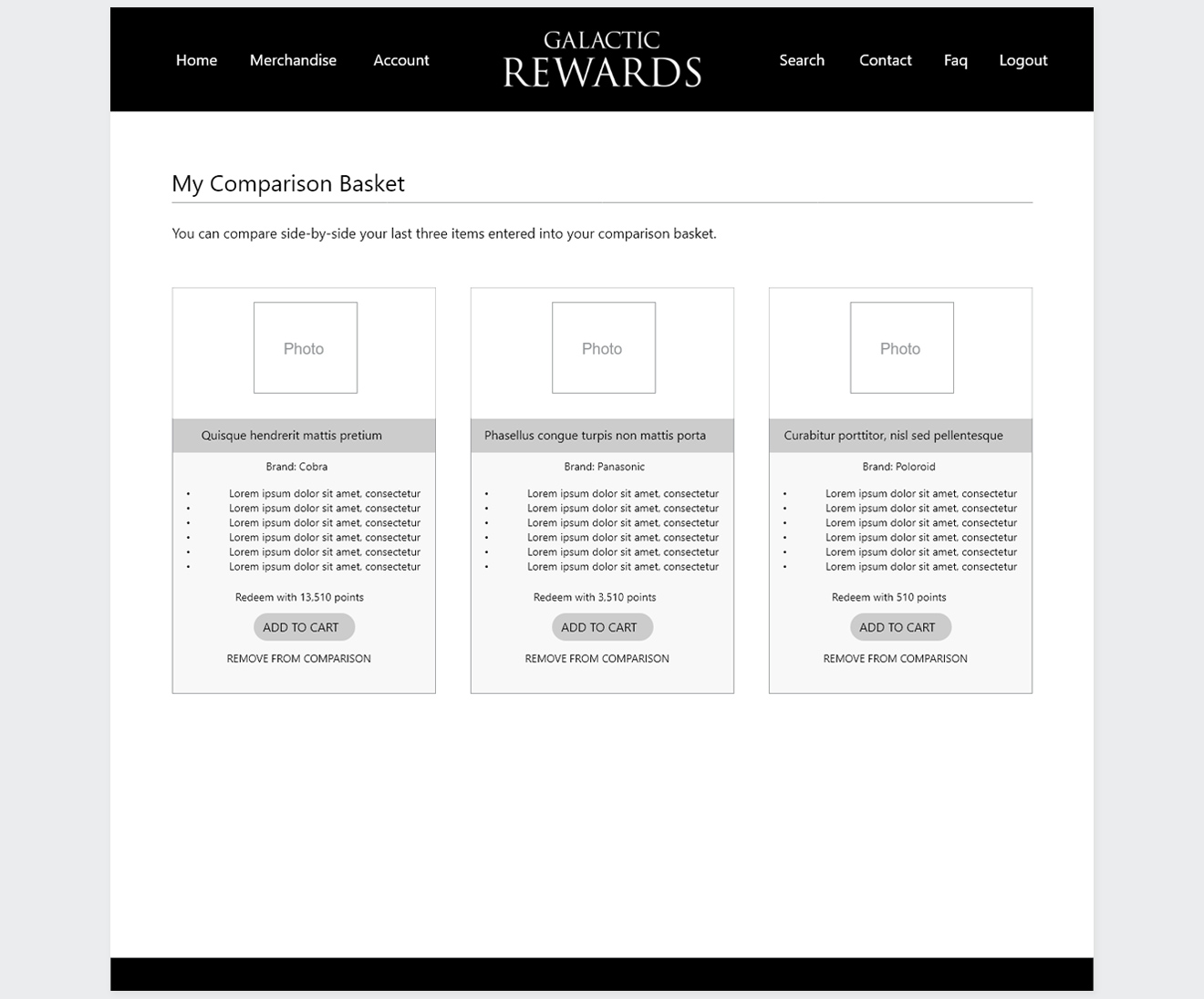 Wireframe layout for a side-by-side product comparison page displaying placeholder images, product feature lists, and add to cart controls.