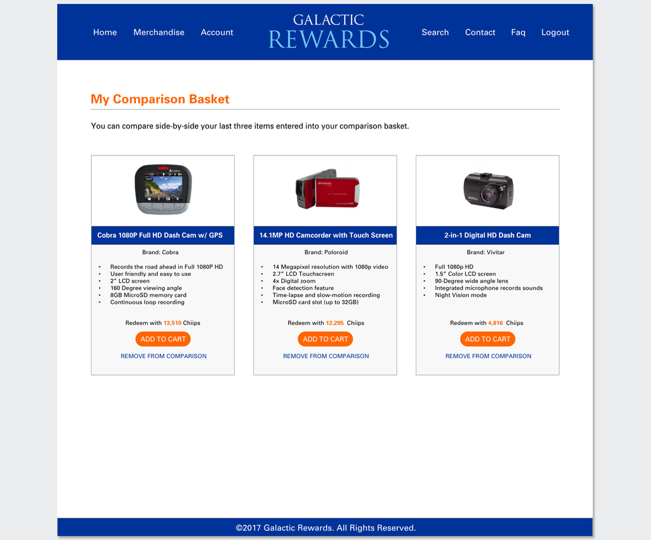 Side-by-side comparison screen showing product specs, features, and point redemption costs for three selected cameras.