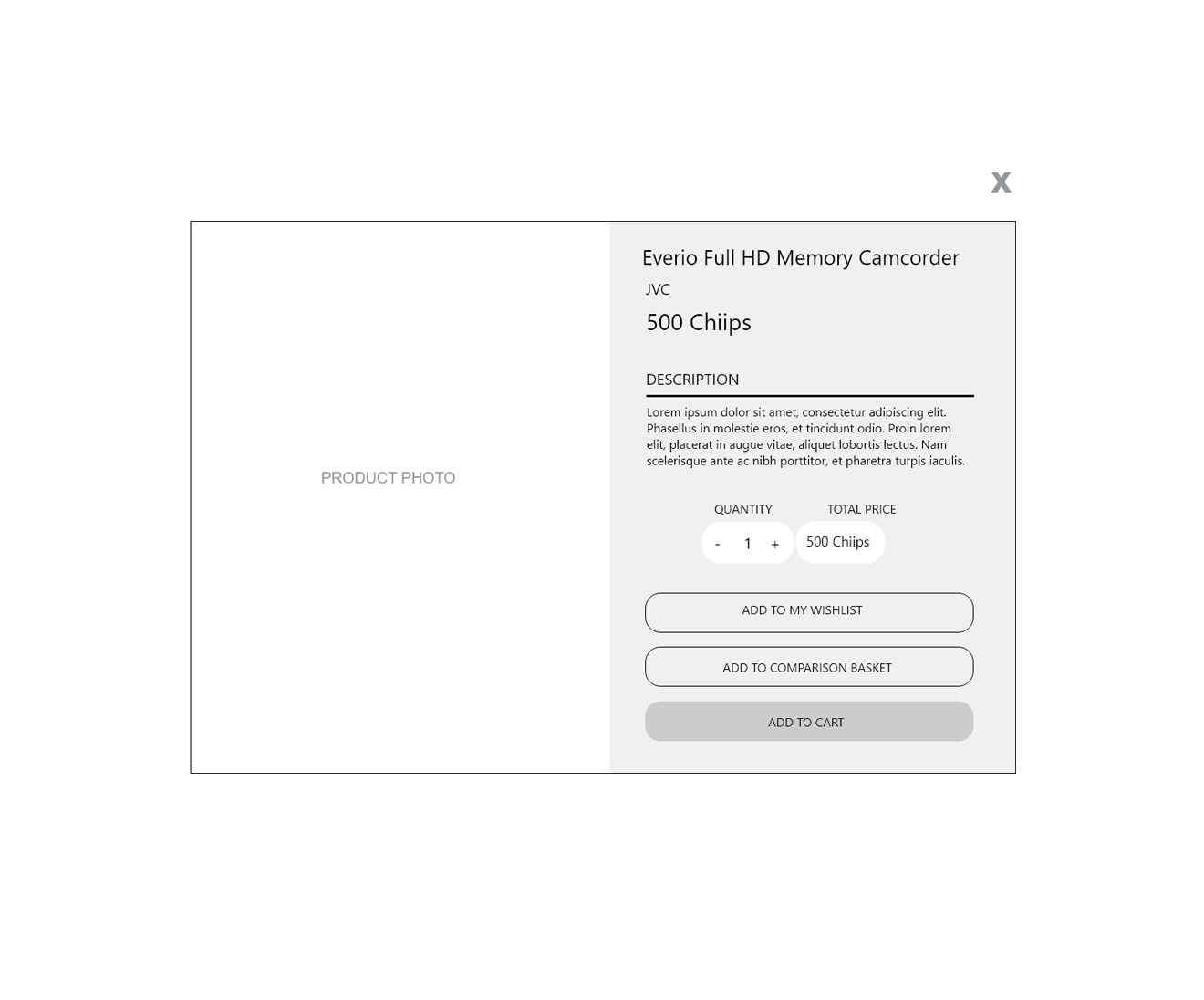 High-level product detail modal wireframe for Everio Camcorder showing image placeholder, point pricing, quantity selector, and cart buttons.