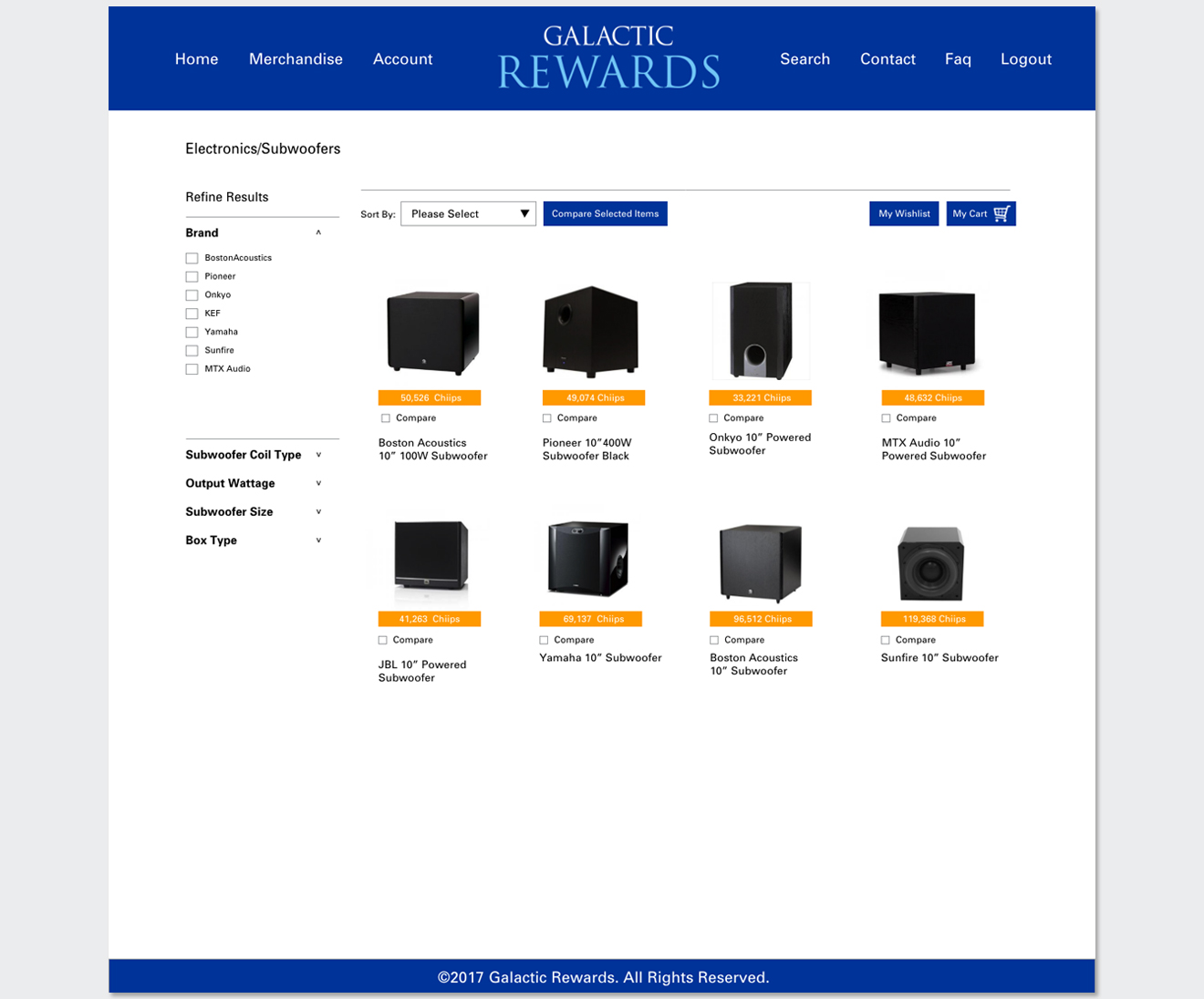 Galactic Rewards website listing page displaying subwoofer products, point costs, brand filters, and comparison checkboxes.