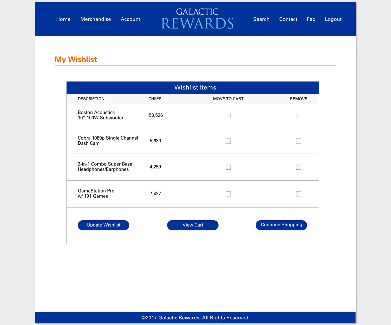 User interface mockup of the Galactic Rewards wishlist page showing saved items, point values, and options to move items to the cart or update saved selections.