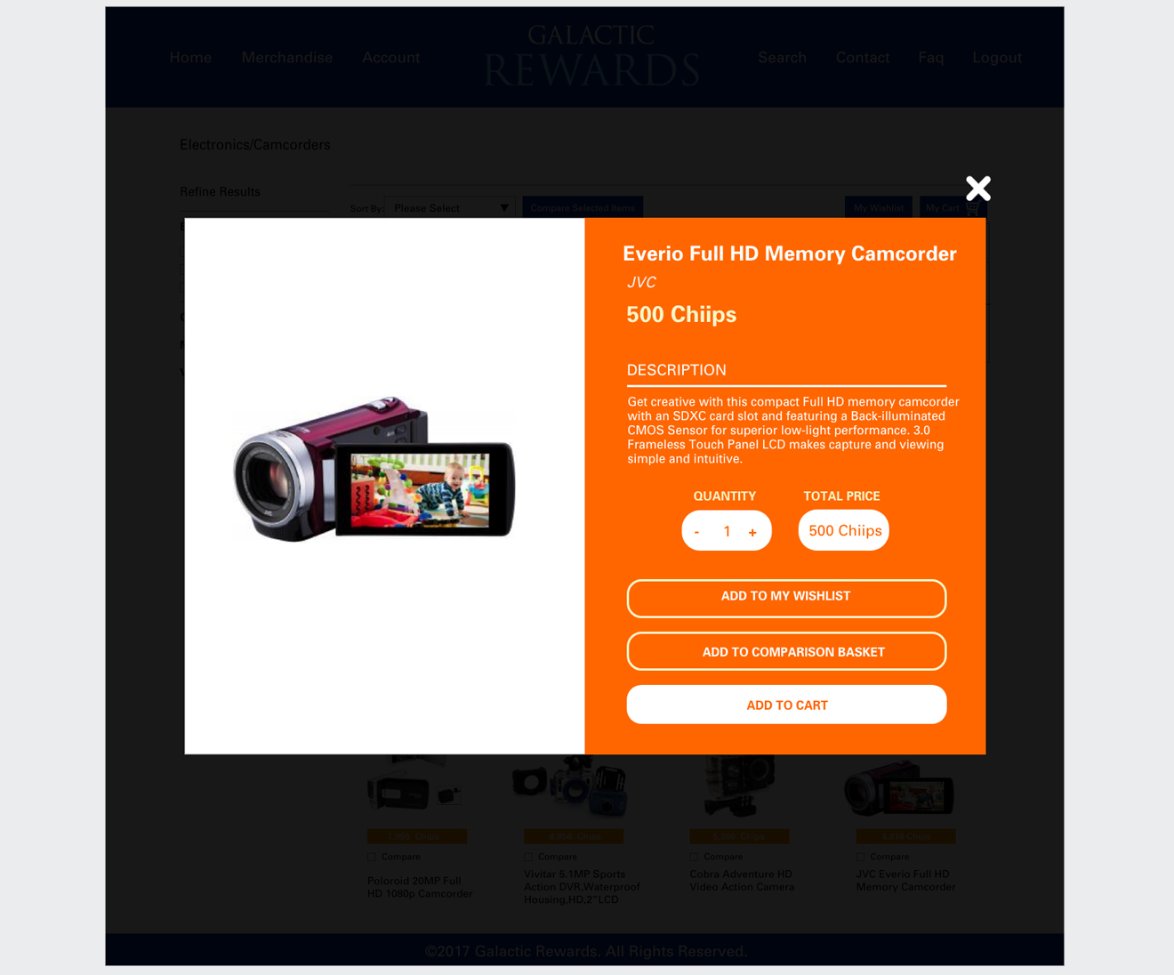 Pop-up product detail modal displaying Everio Full HD Camcorder specs, point price, and add-to-cart buttons.