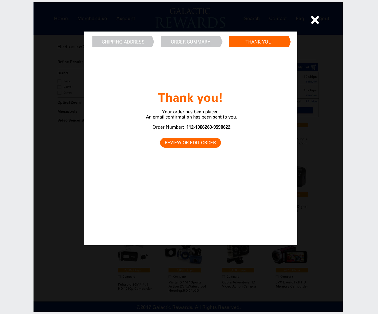 E-commerce order confirmation lightbox displaying a thank you message, order reference number, and review order button.