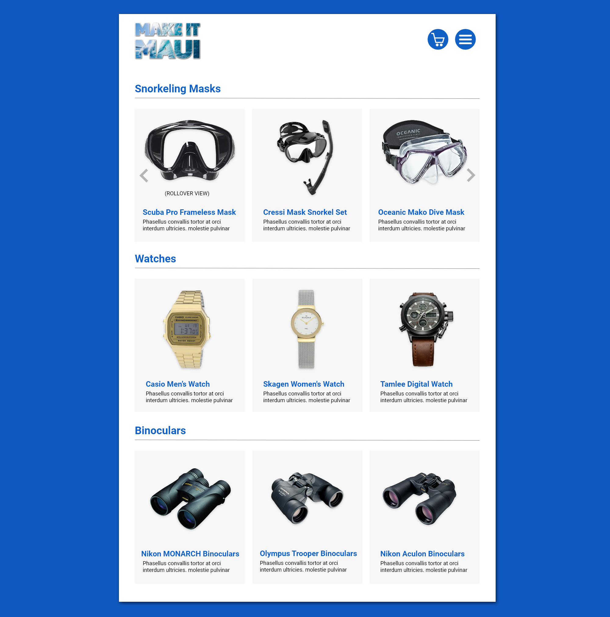 Desktop web design mockup layout featuring product catalog grids for snorkeling masks, watches, and binoculars. 