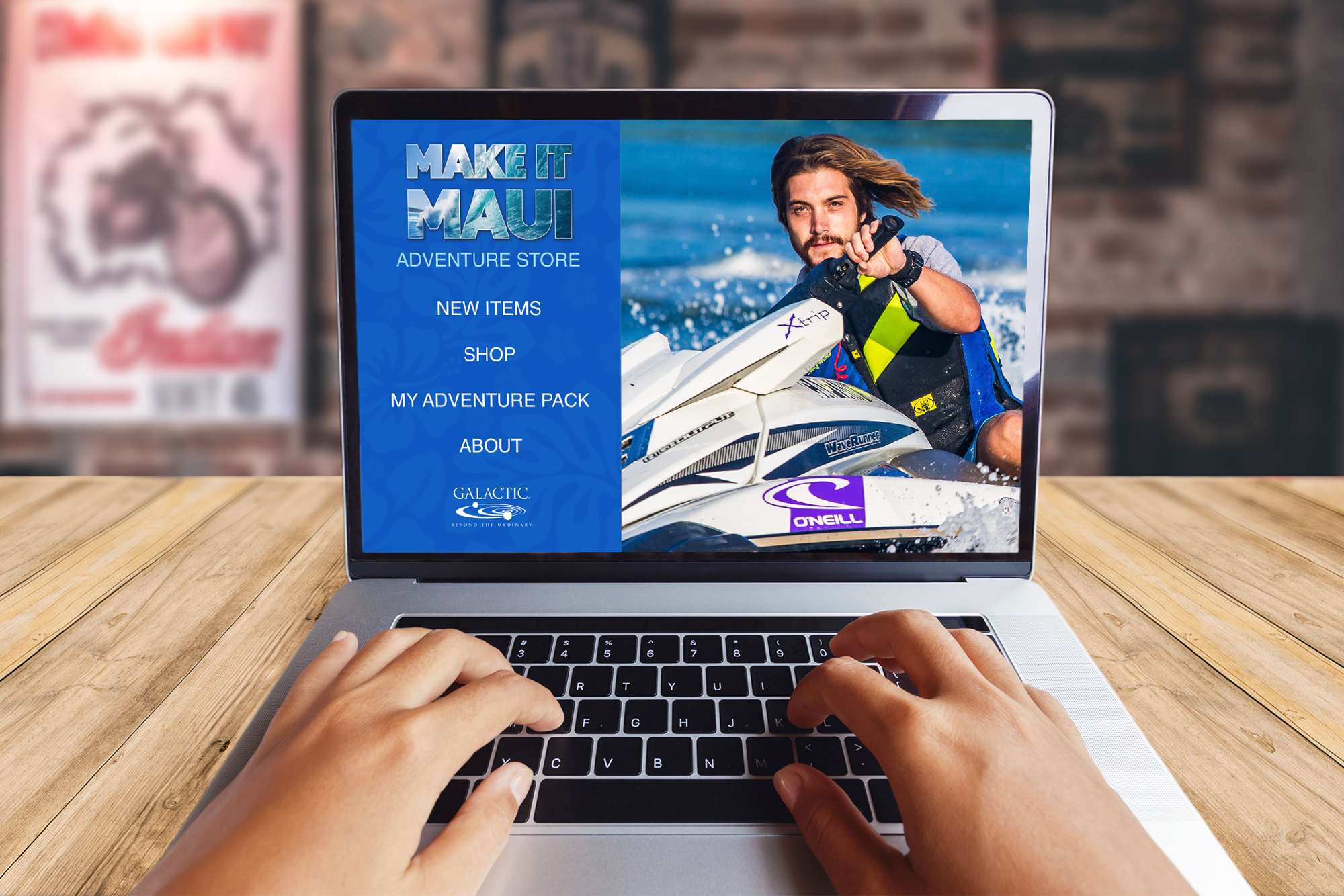 Laptop display mockup showing the Make It Maui landing page navigation menu and jet ski hero graphic. 