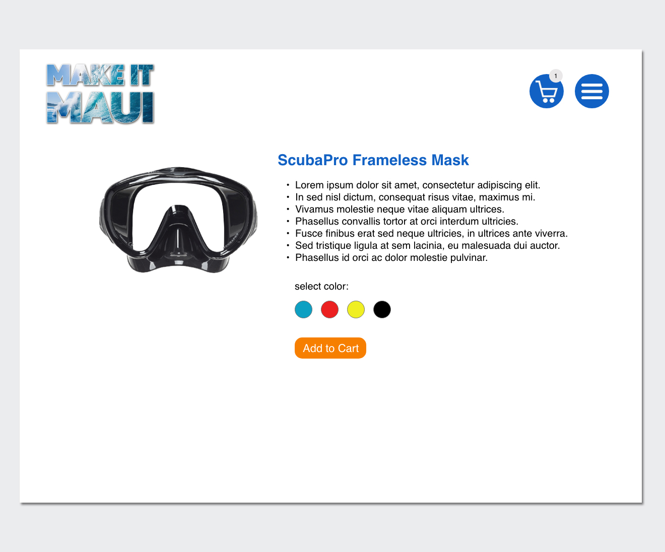 Product detail page mockup for ScubaPro Frameless Mask with color choices and add-to-cart call-to-action button.