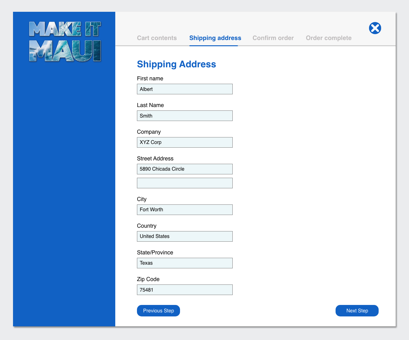 Step-by-step e-commerce checkout interface showing user shipping address form fields for the Make It Maui platform.