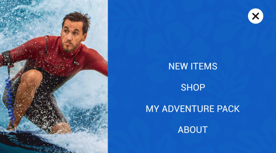Full-screen mobile navigation menu overlay featuring a surfer image background and links for Shop and Adventure Pack.