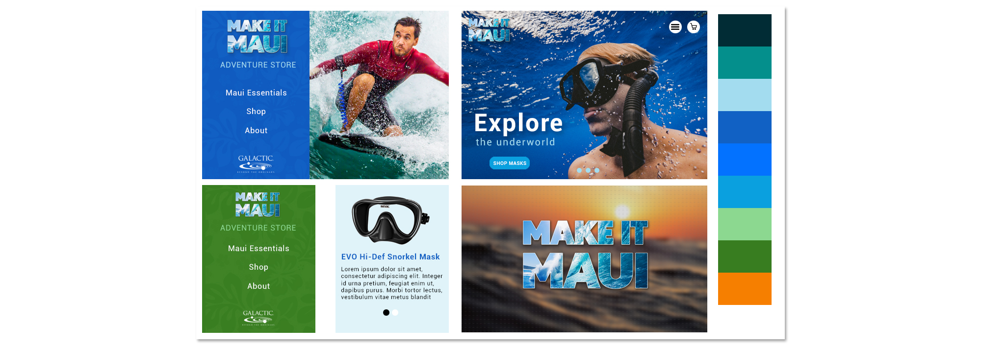 Brand moodboard compilation featuring ocean photography, UI layout concepts, typography, and color palette swatches. 