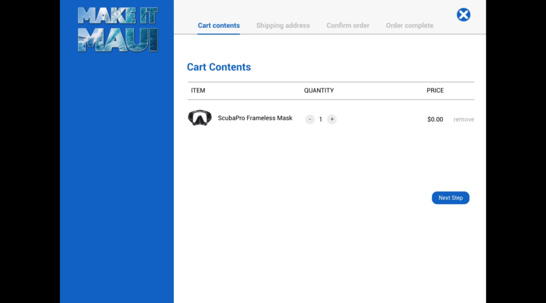 E-commerce shopping cart overlay on the Make It Maui website displaying selected adventure items and total cost.